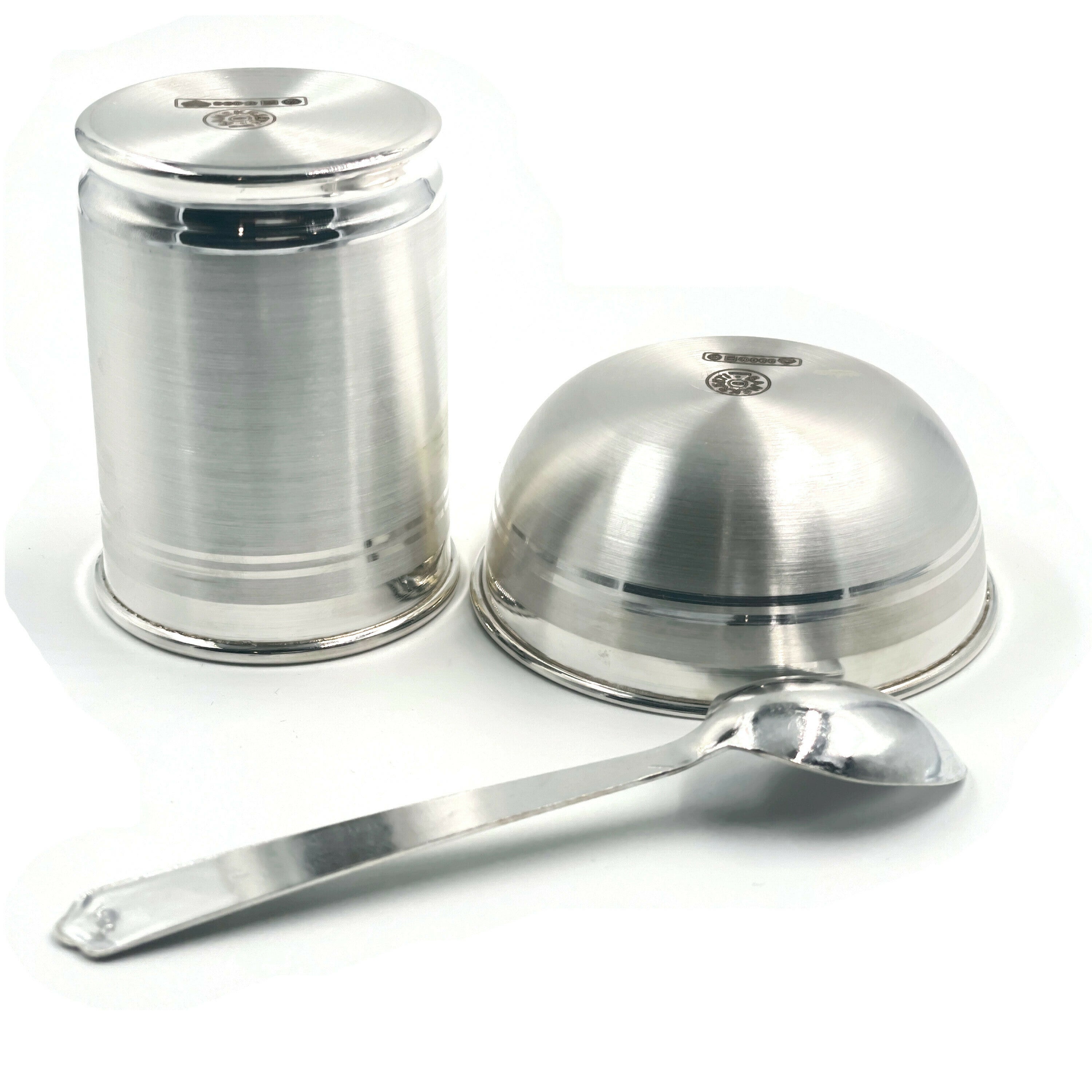 999 Pure Silver 3.0 inch Bowl, 2.75 Inch Glass & Spoon for Kids - Designer Set#03