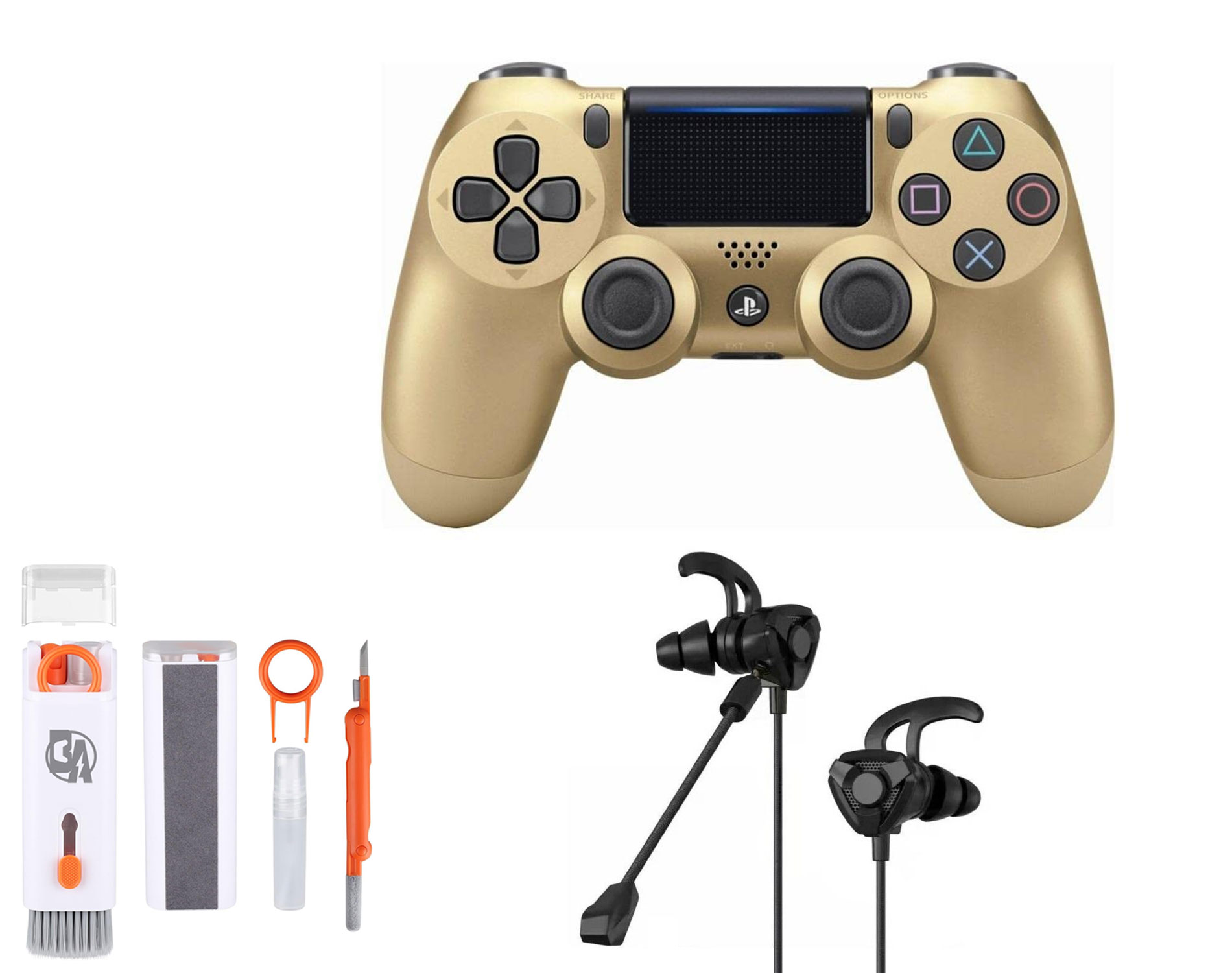 Sony Dual Shock Gold Gaming Controller PS4 Console With Black Gaming Buds + Cleaning Kit BOLT AXTION Bundle Like New