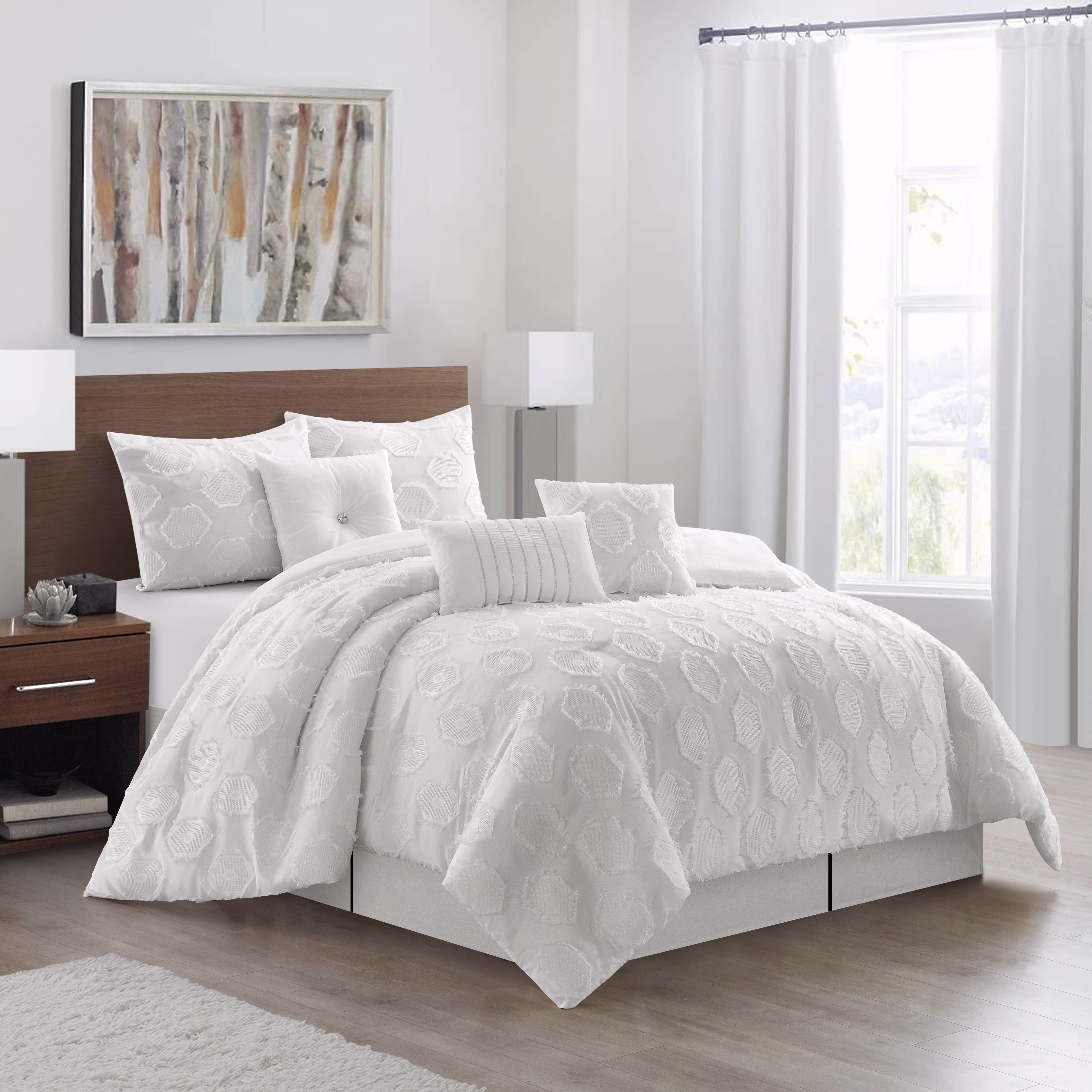 Lanco Honeycomb Shabby Chic 7 Piece Comforter Set White, Bed Size Queen, Luxury