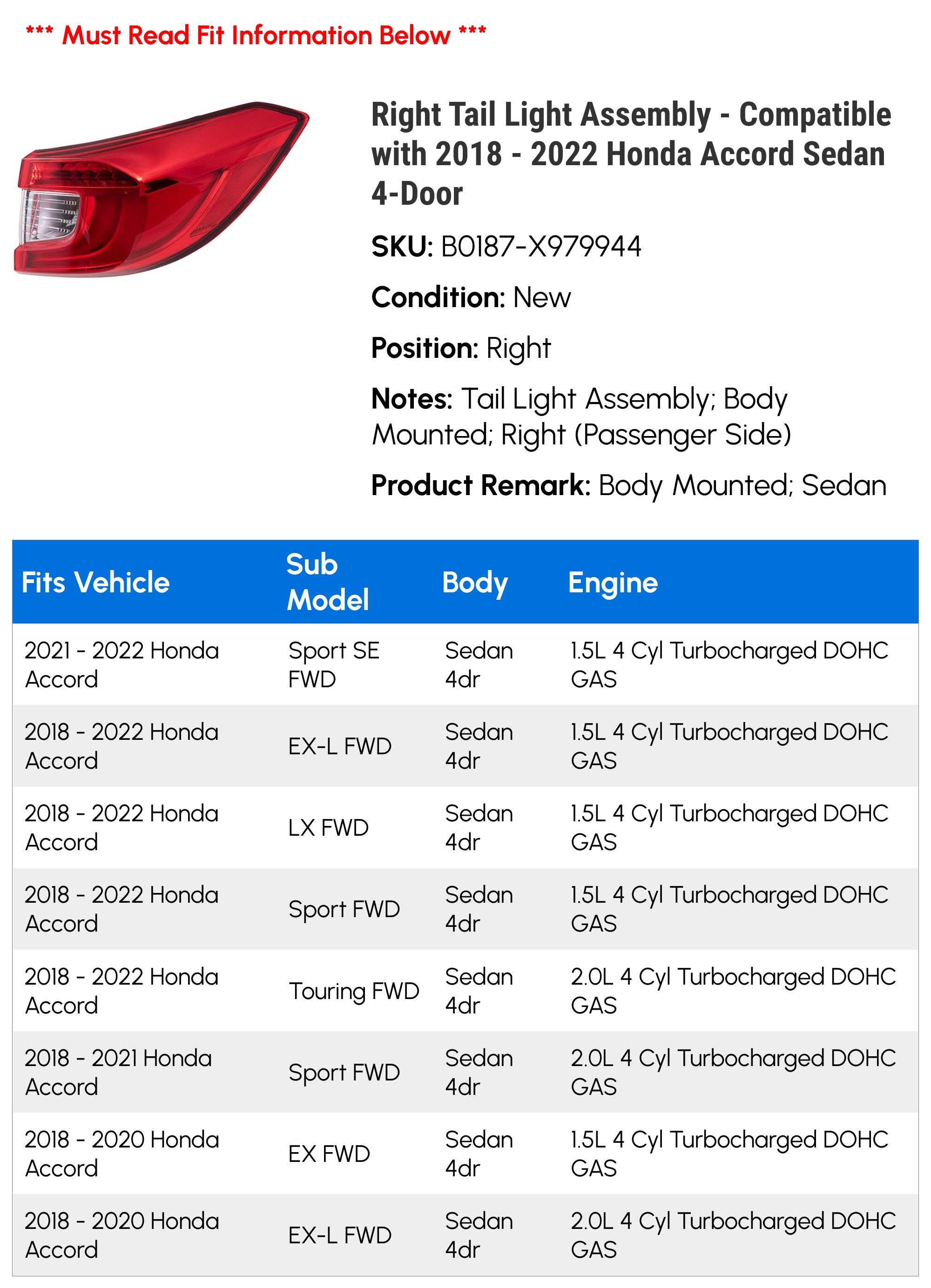 Right Tail Light Assembly - Compatible with 2018 - 2022 Honda Accord Sedan 4-Door 2019 2020 2021
