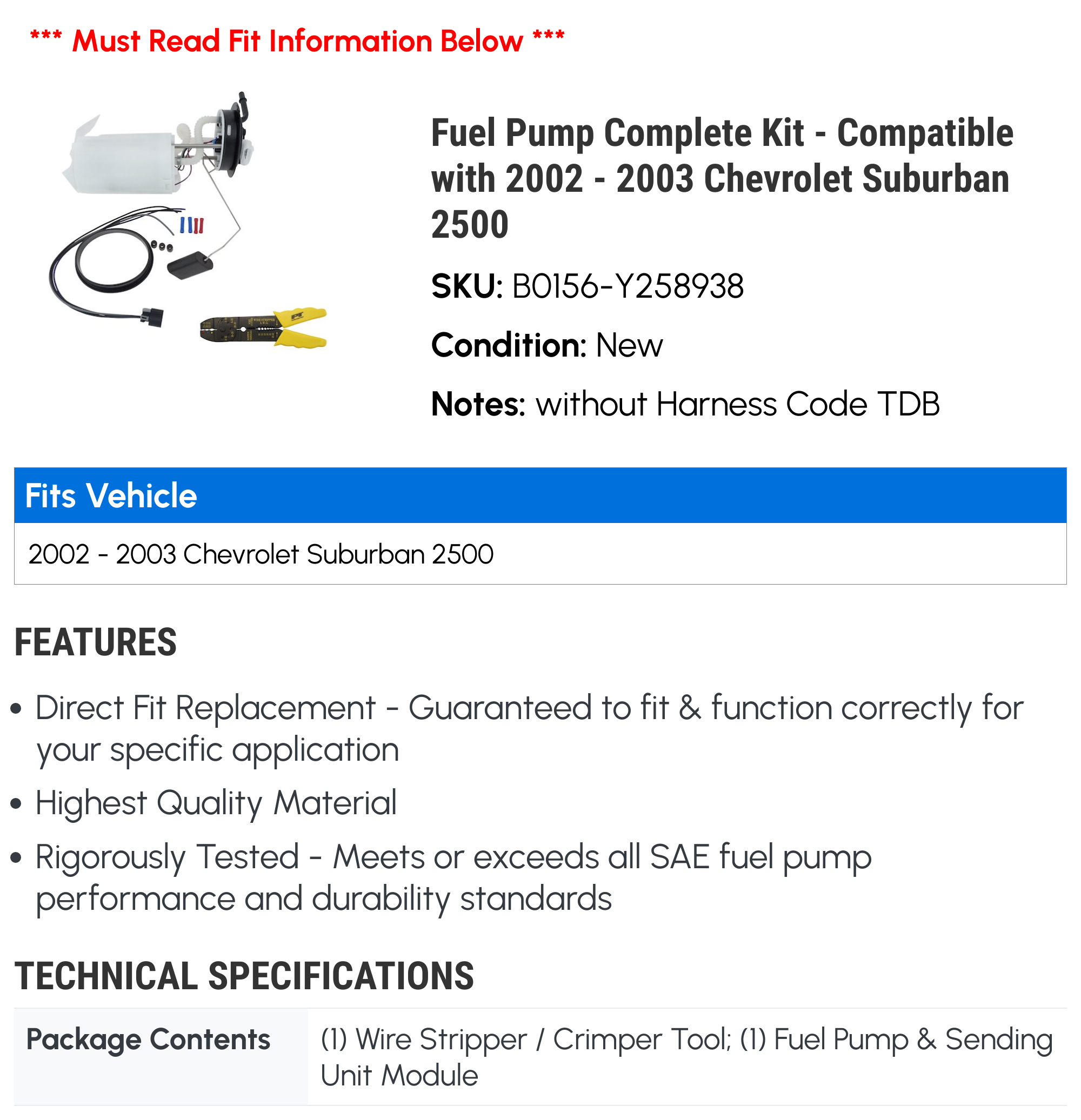 Fuel Pump Complete Kit - Compatible with 2002 - 2003 Chevy Suburban 2500