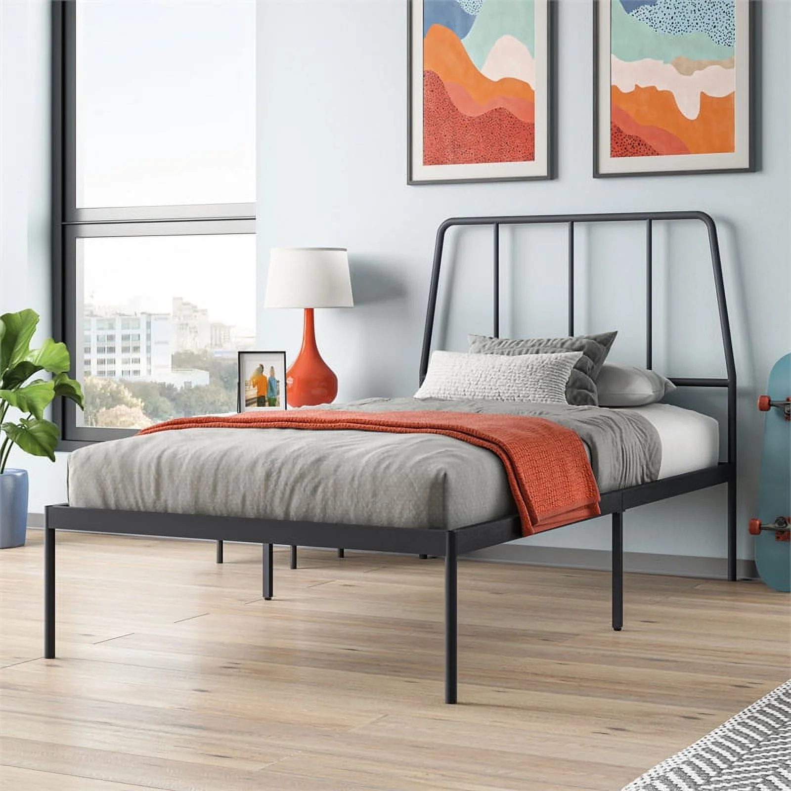 Pemberly Row Metal Twin Platform Bed with Headboard in Black Finish