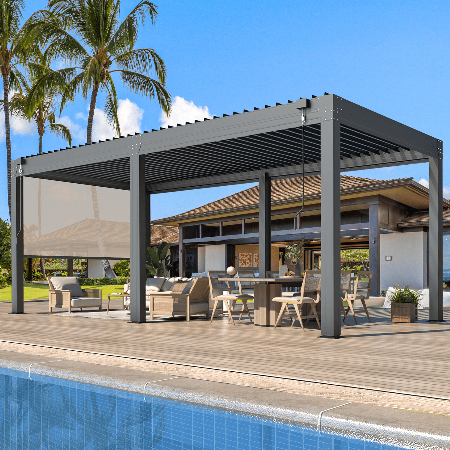 Hommow 10'x 20' Louvered Pergola with Pull-Down Privacy Screen, Hardtop Aluminum Rainproof Pergola for Patio, Dark Gray