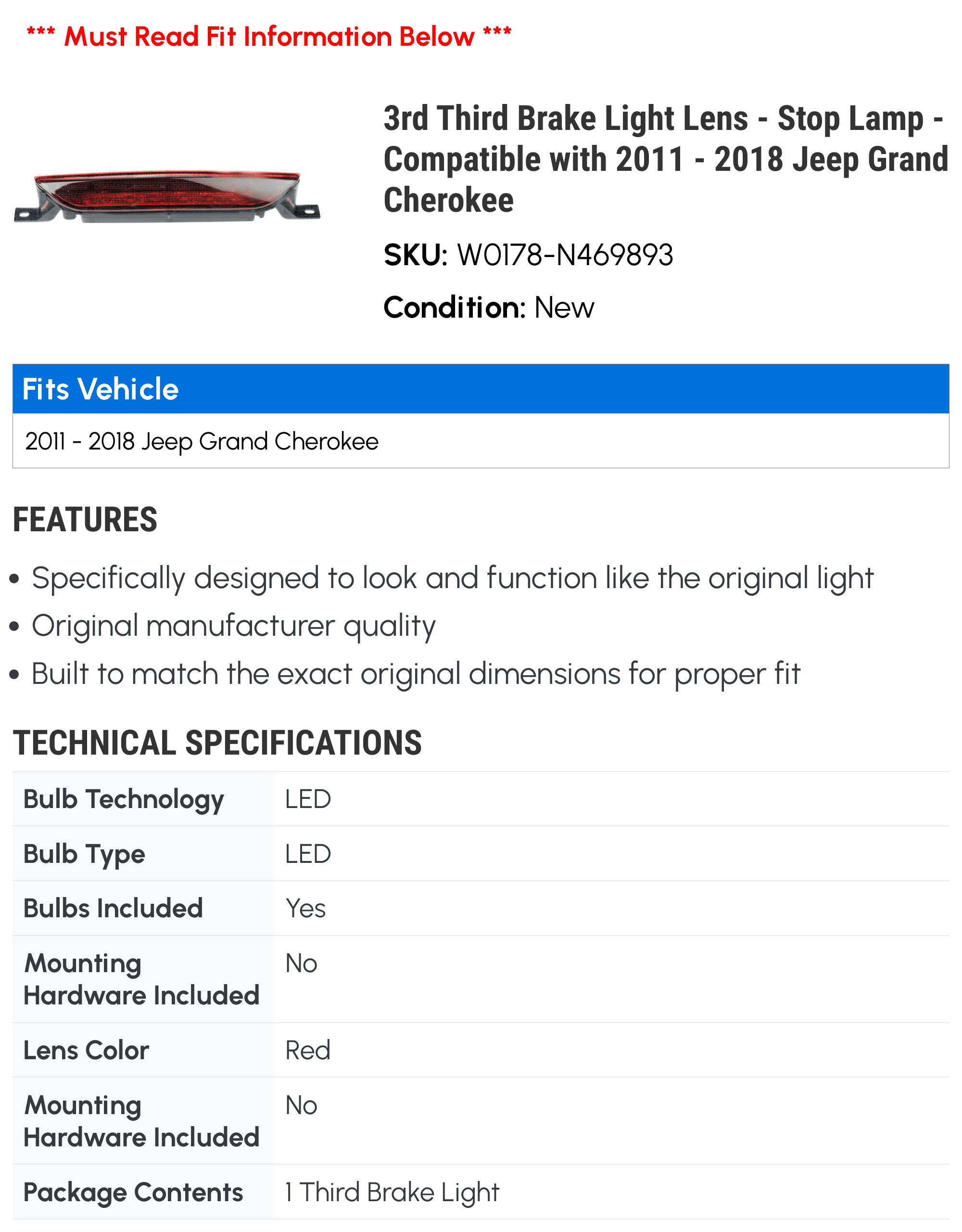 3rd Third Brake Light Lens - Stop Lamp - Compatible with 2011 - 2018 Jeep Grand Cherokee 2012 2013 2014 2015 2016 2017 2020