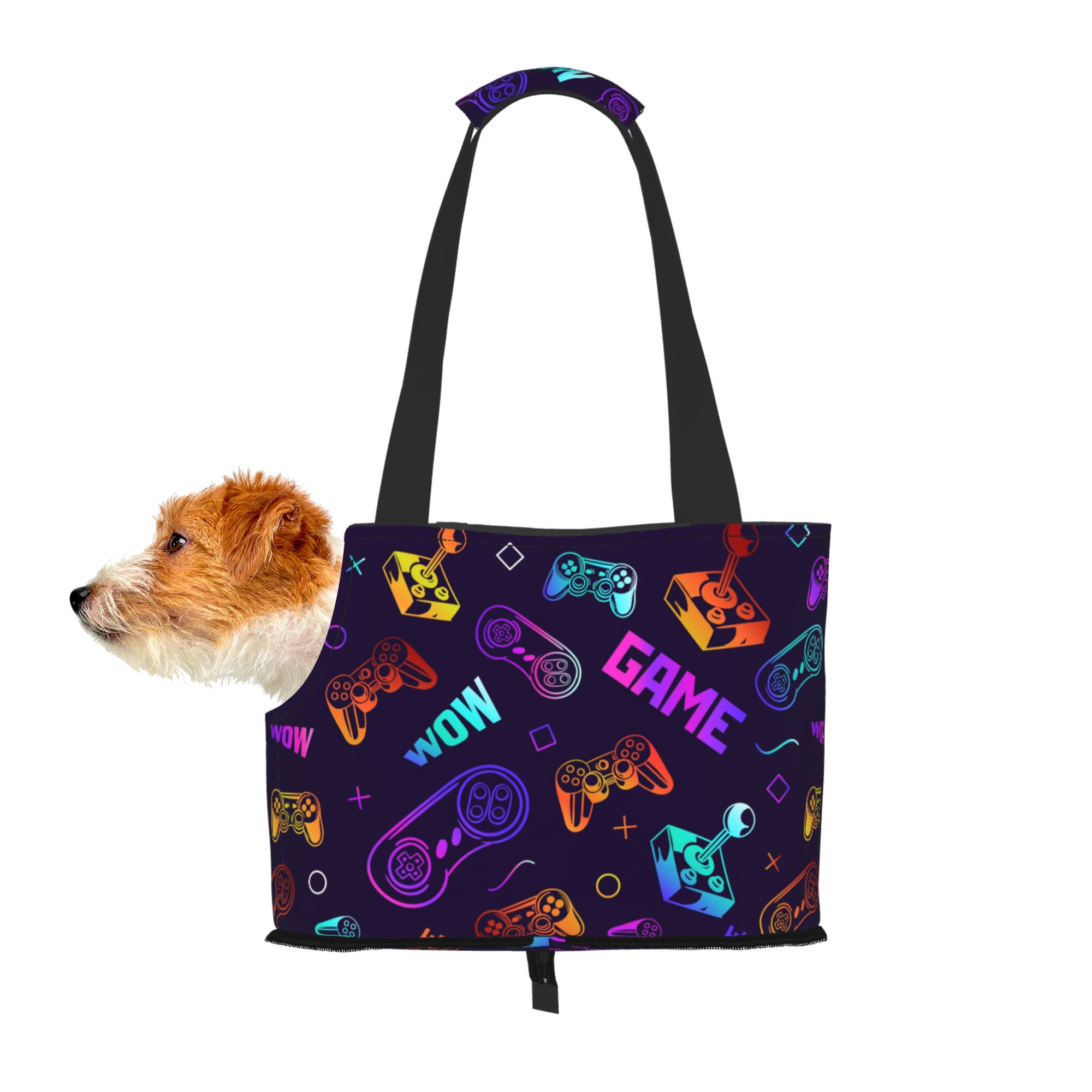 TEQUAN Foldable Dog Purse Carrier, Collapsible Retro Neon Game Controller Prints Pet Travel Tote Bag for Small Cat Puppy, Waterproof Dog Soft-Sided Carriers