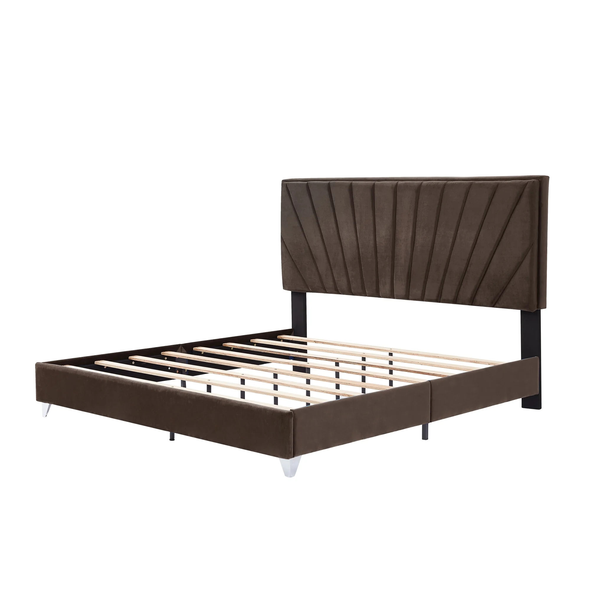 B108 King bed with one nightstand, Beautiful line stripe cushion headboard , strong wooden slats + metal legs with Electroplate