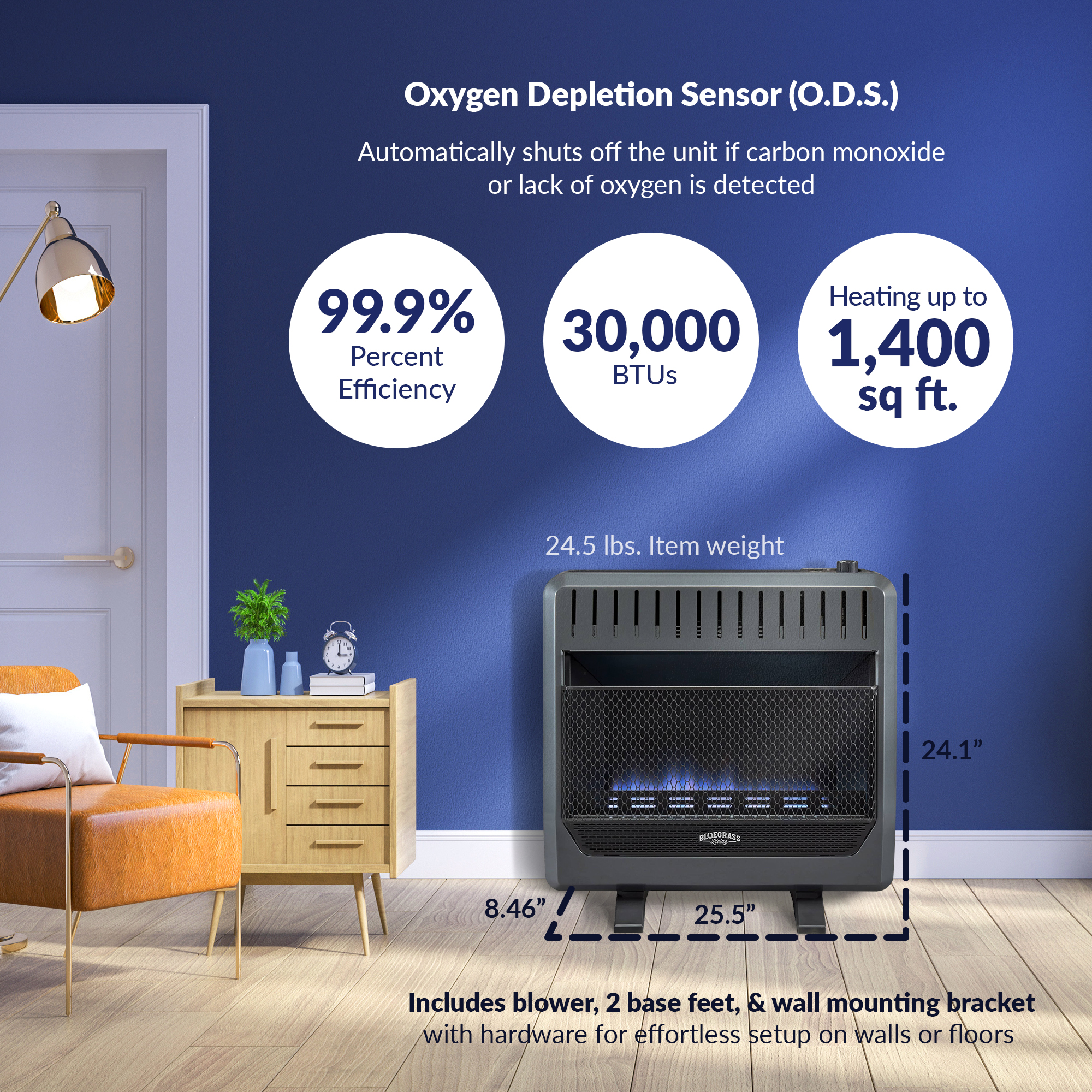 Bluegrass Living Propane Gas Vent Free Blue Flame Gas Space Heater With Blower and Base Feet - 30,000 BTU, T-Stat Control - Model# B30TPB-BB