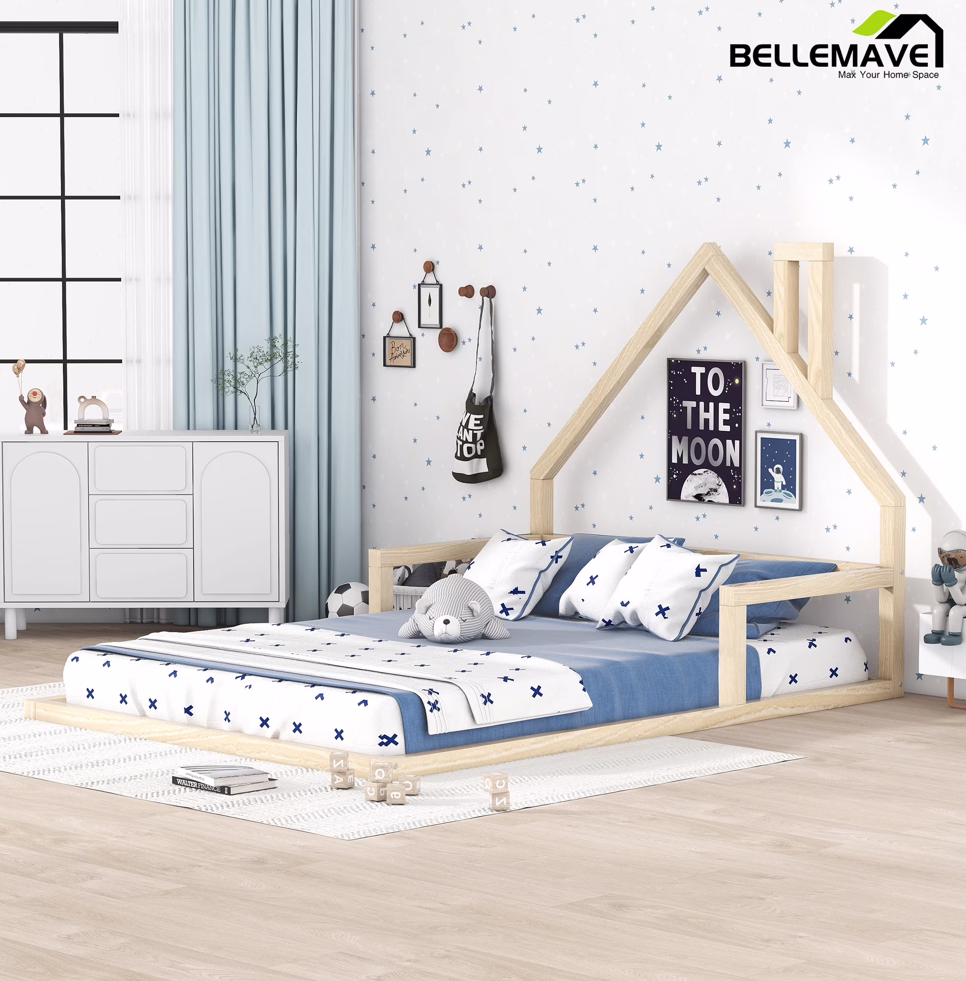 Bellemave Full Size Wood Floor Bed with House-shaped Headboard Toddler Bed Frame Montessori Floor Bed with Rails and Wooden Slats for Kids, Boys, Girls, No Box Spring Needed, Natural