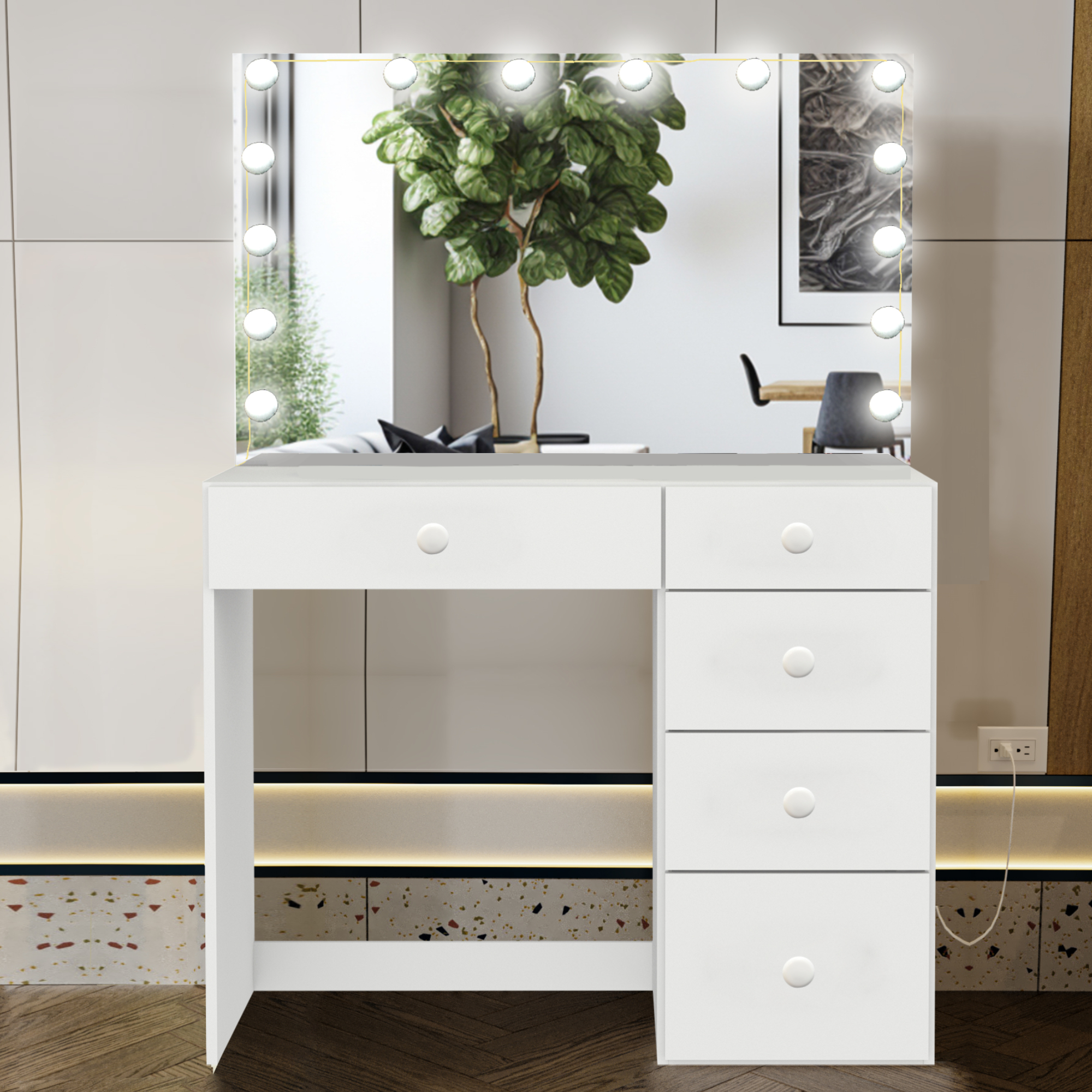 Ember Interiors Leia Modern White Vanity Mirror with Lights Add-on, USB Port, for Bedroom