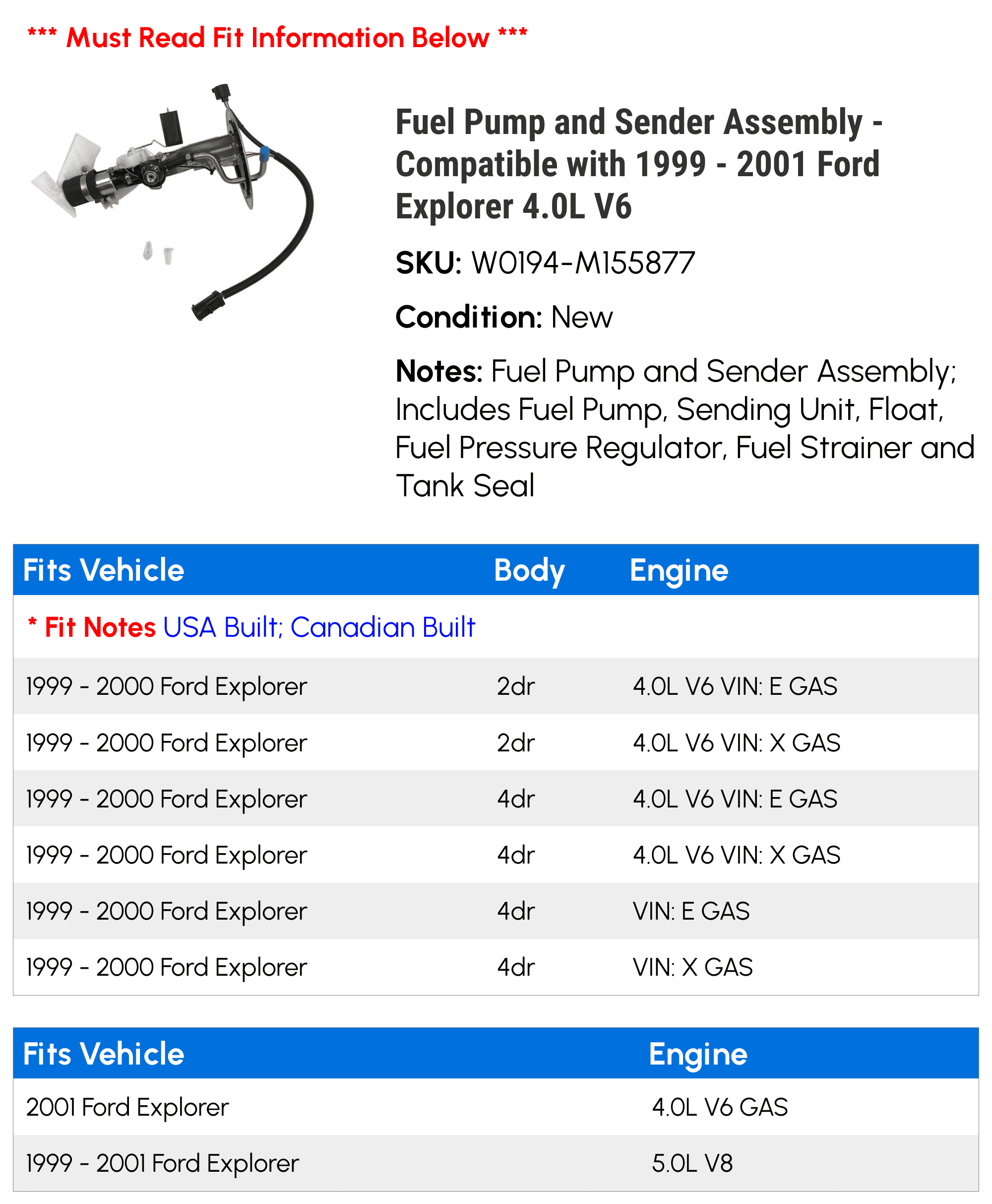 Fuel Pump and Sender Assembly - Compatible with 1999 - 2001 Ford Explorer 4.0L V6 2000