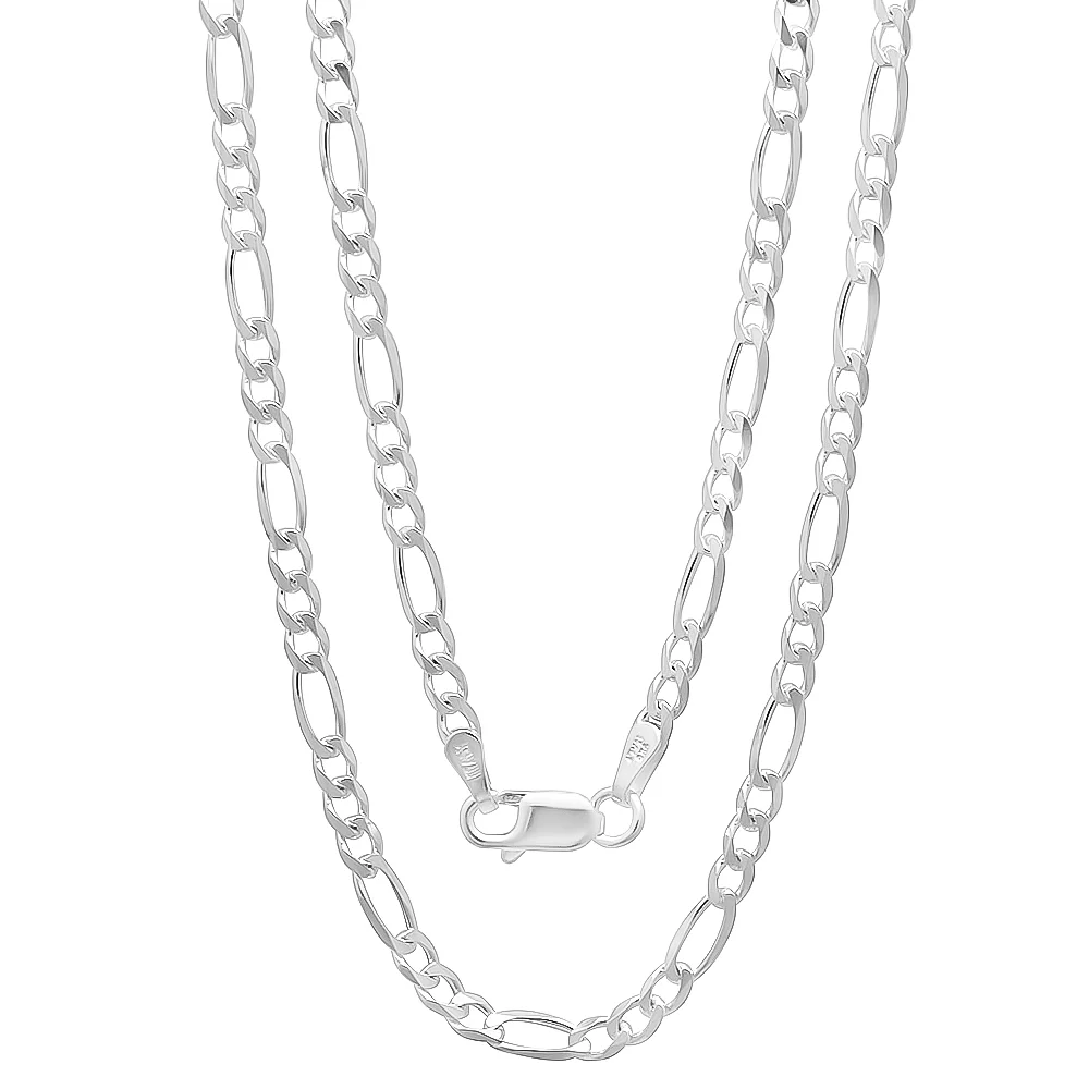 3mm Solid .925 Sterling Silver Flat Figaro Chain Necklace, 28 inches + Gift Box