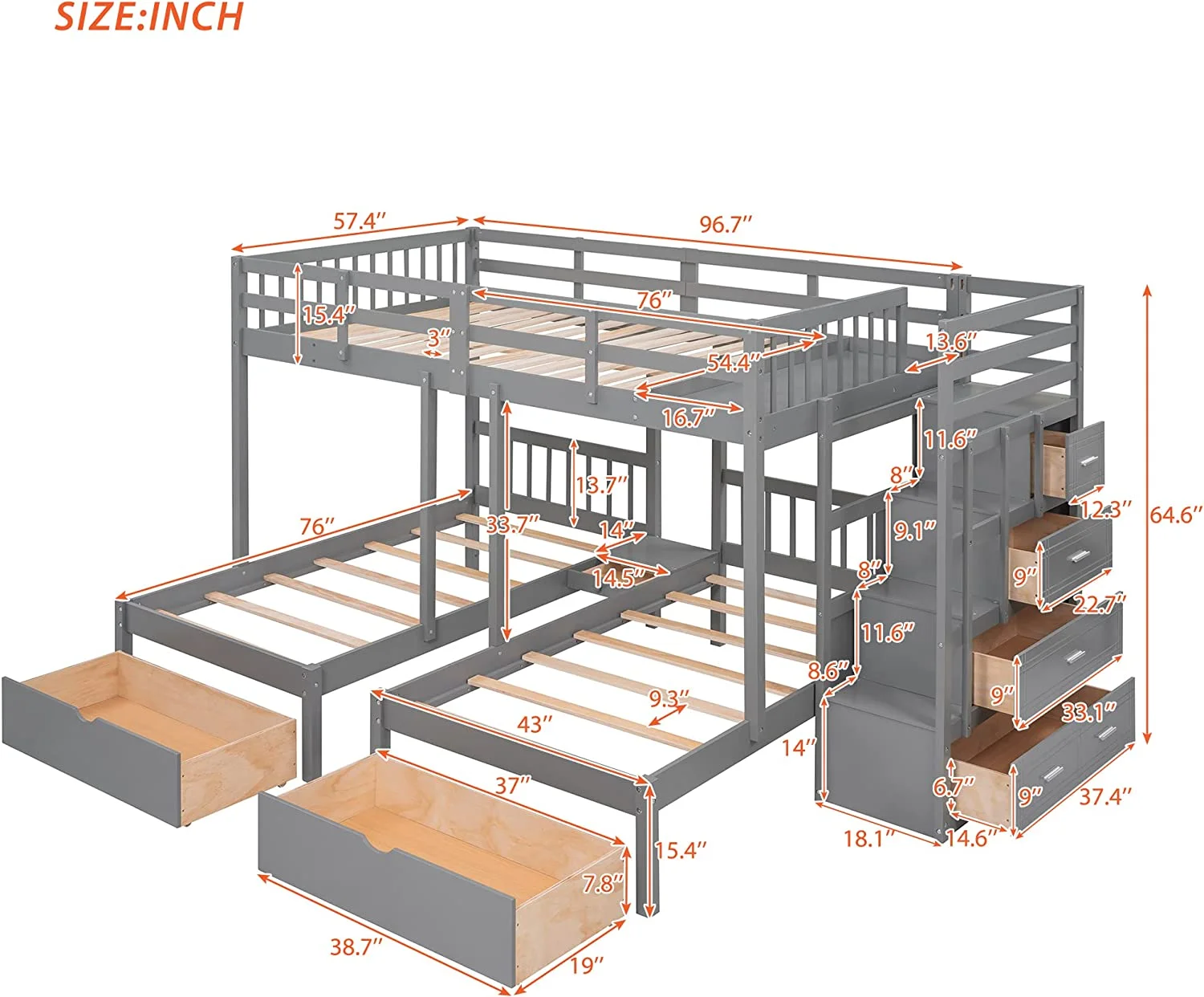 Full Over Twin & Twin Bunk Bed, Wood Triple Bunk-Beds with Drawers and Guardrails,White