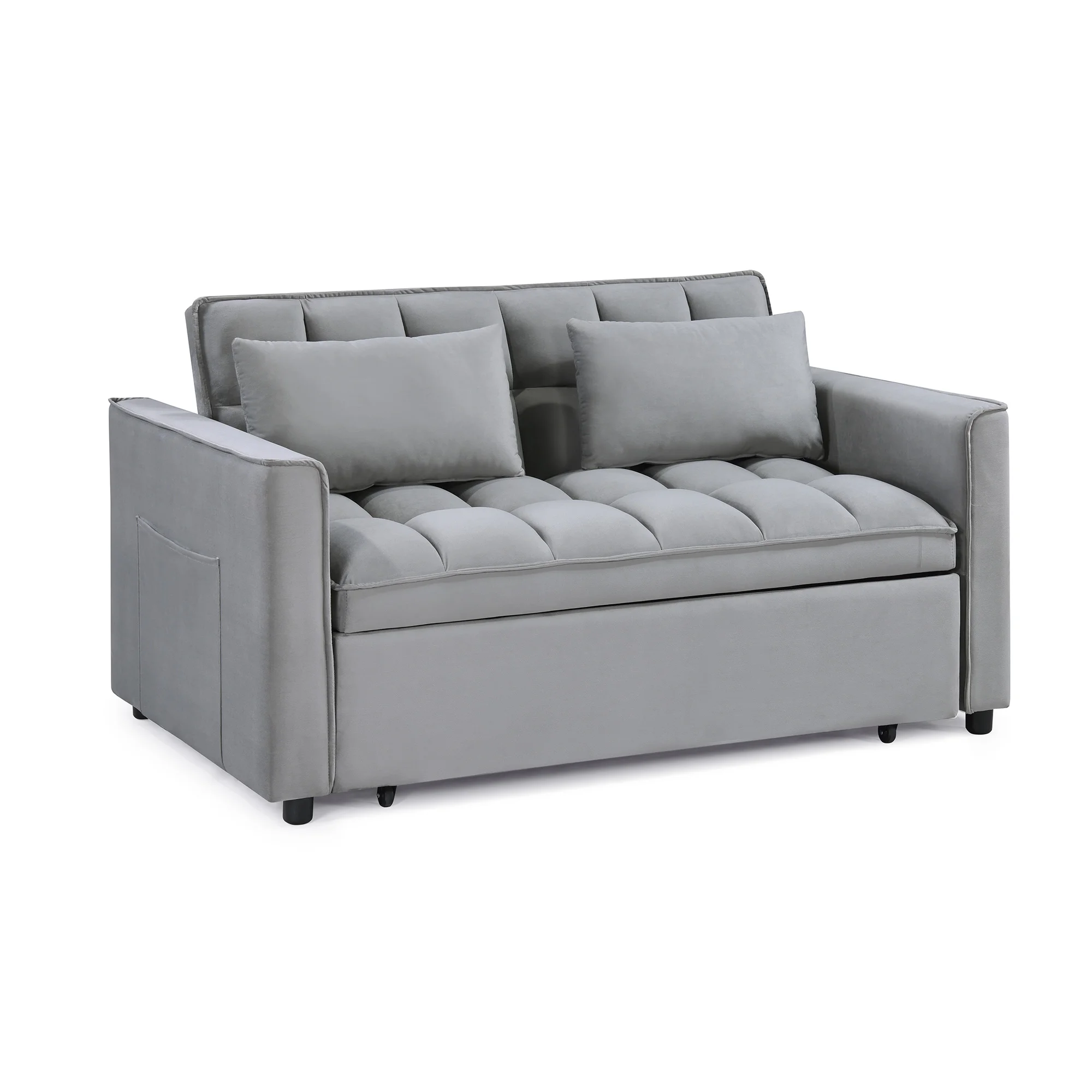Duhome Sleeper Sofa Bed 3 in 1 Tufted Convertible Couch Bed Pull Out Velvet Loveseat with Reclining Adjustable OSS Pillows and Pockets,Grey