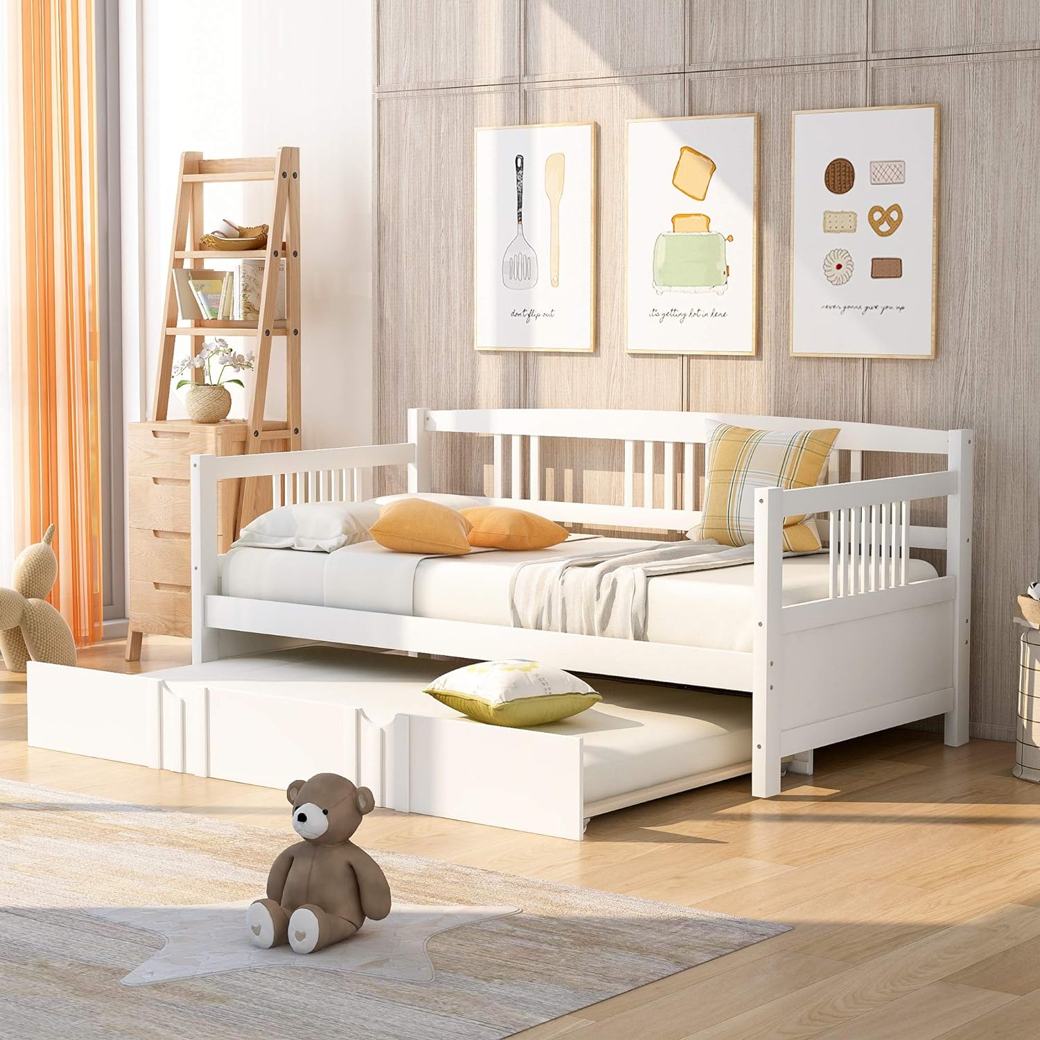 Daybed Wih A rudle, Daybed, Wood rudle Daybed, Sadard Bed Sofa For Livig Room,Gues Room,Childre Room,o Box Sprig eeded,Whie