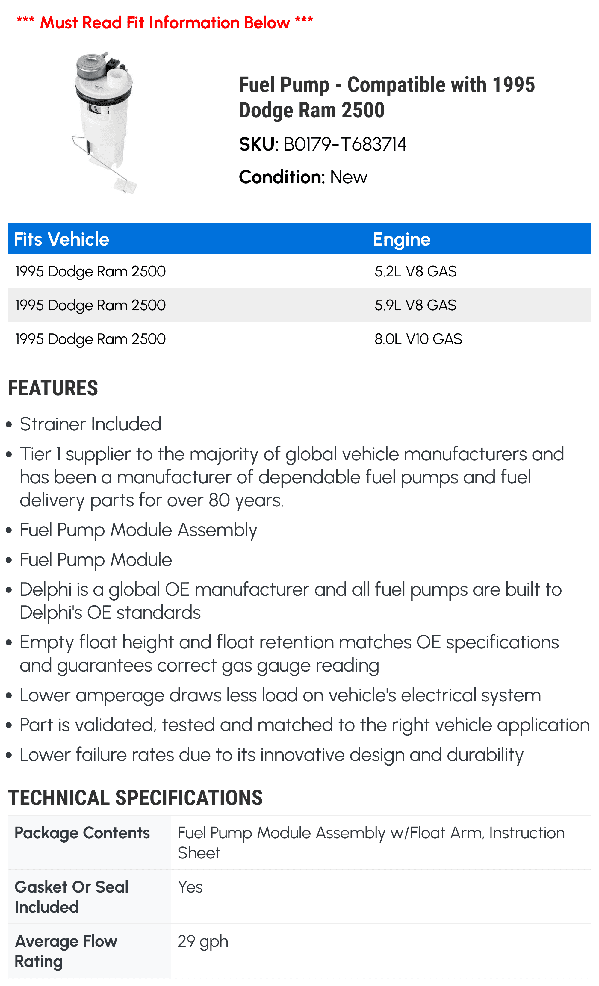 Fuel Pump - Compatible with 1995 Dodge Ram 2500