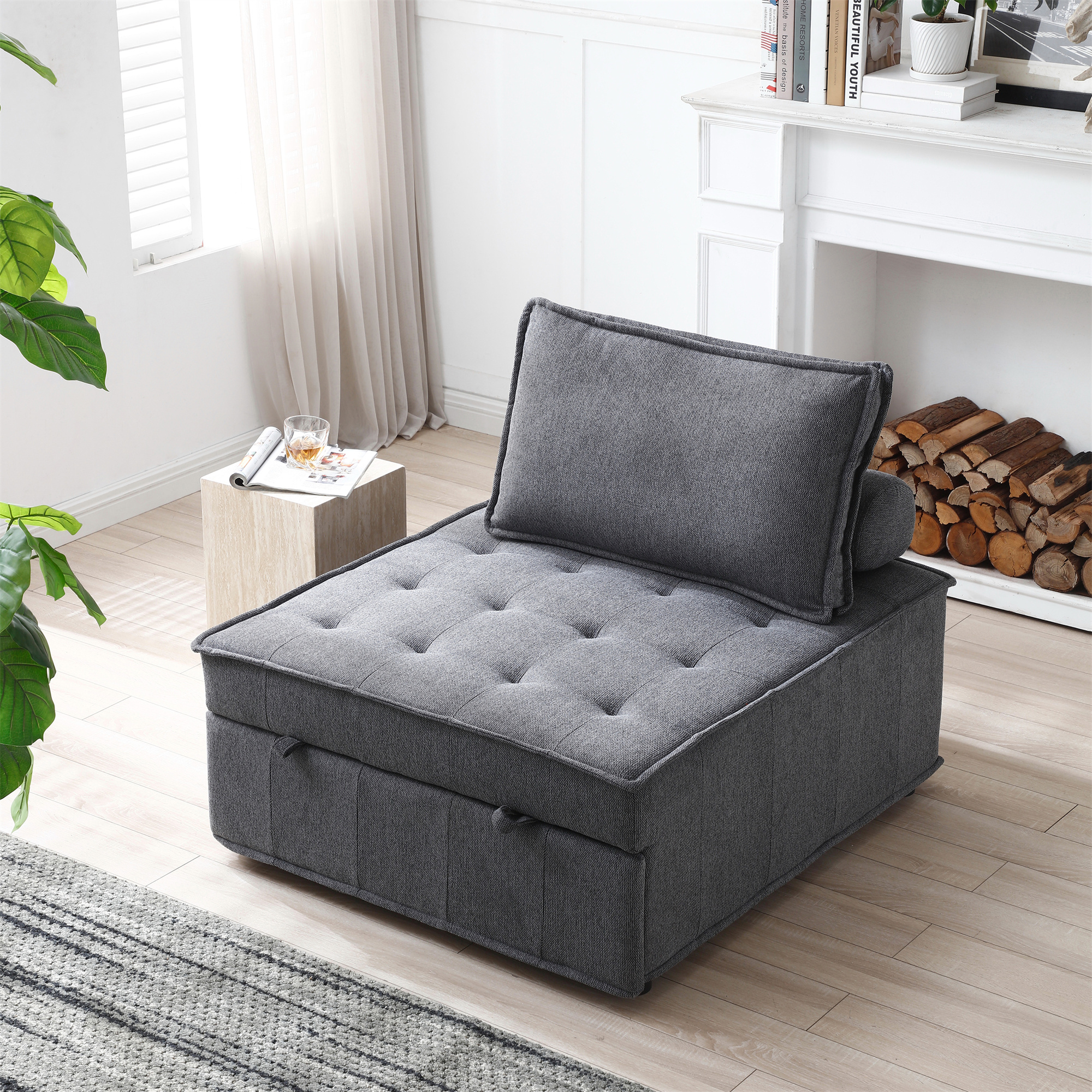 Gexpusm Pull Out Lazy Ottoman Sofa Bed with Removable Backrest, Small Linen Fabric Convertible Sleeper Sofa for Living Room Apartment, Dark Grey