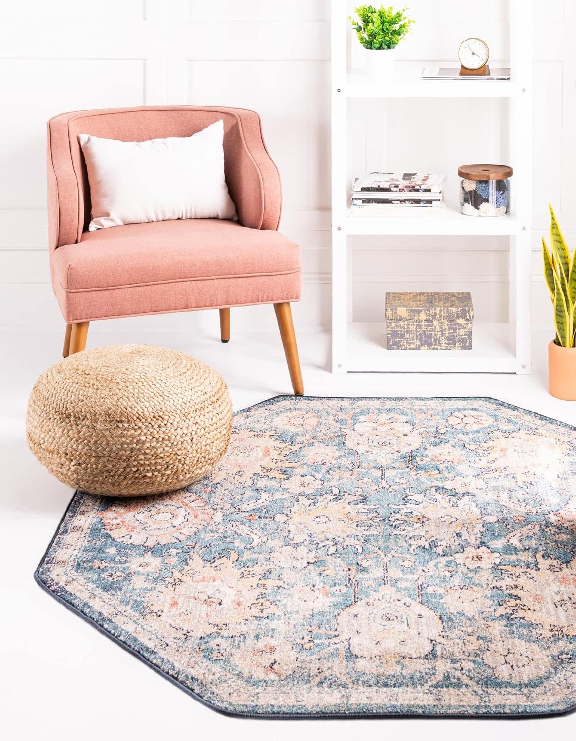 Lola Collection Rug – 8 Ft Octagon Blue Medium Rug Perfect For Living Rooms, Kitchens, Entryways