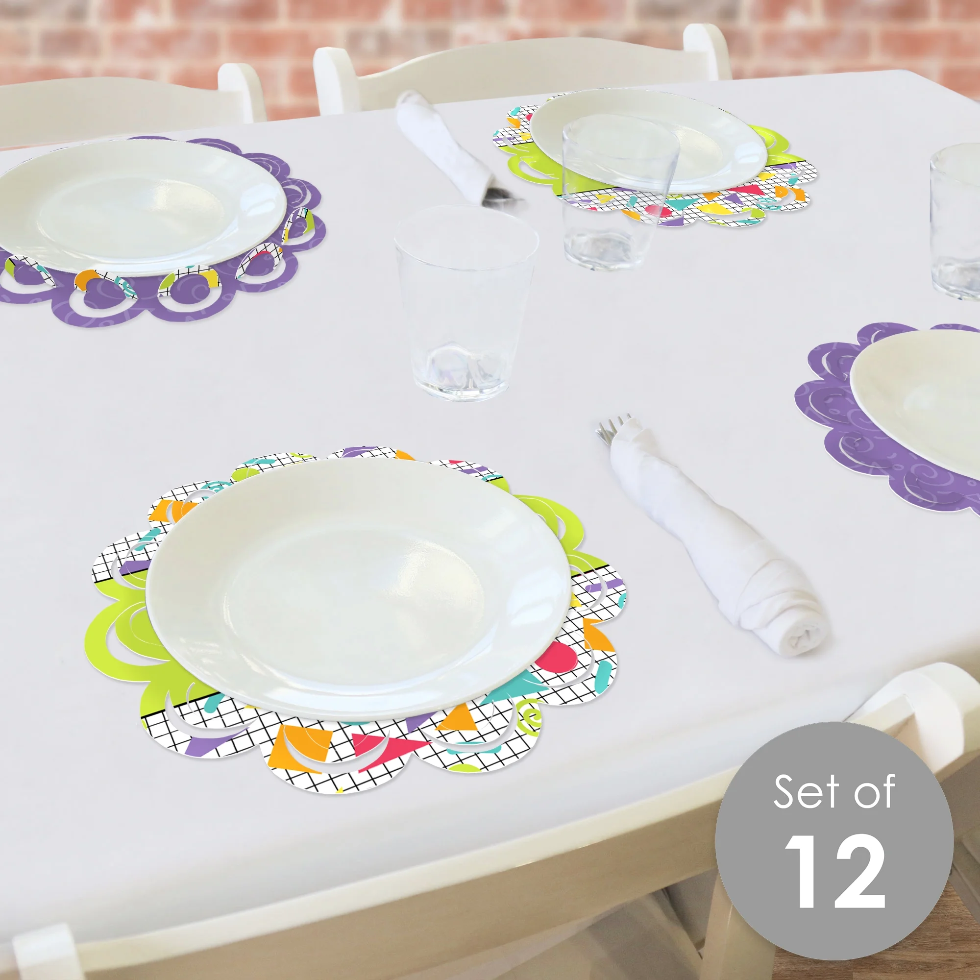 Big Dot of Happiness 90’s Throwback - 1990s Party Round Table Decorations - Paper Chargers - Place Setting For 12