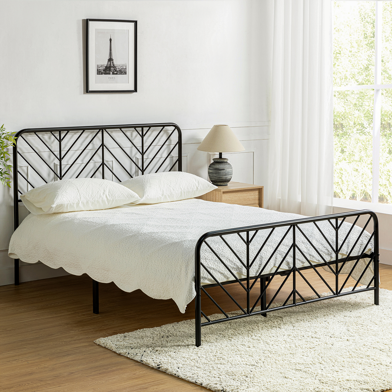 Platform Bed Frame Queen Size Modern Industrial Metal Frame Bed Openwork Headboard Footboard Noise Free Black