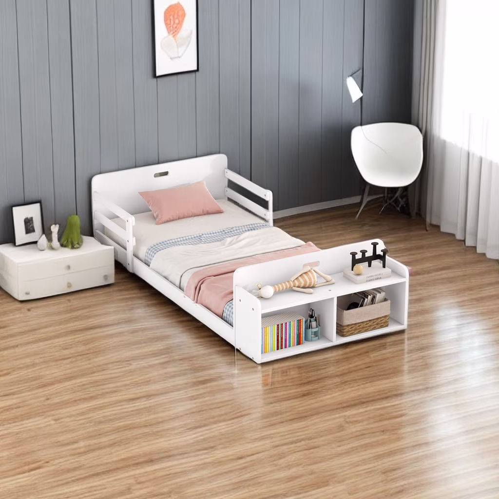 Twin Size Floor Bed, Sturdy Wood Montessori Bed Frame with Storage Footboard and Guardrail, Montessori House Bed for Kids