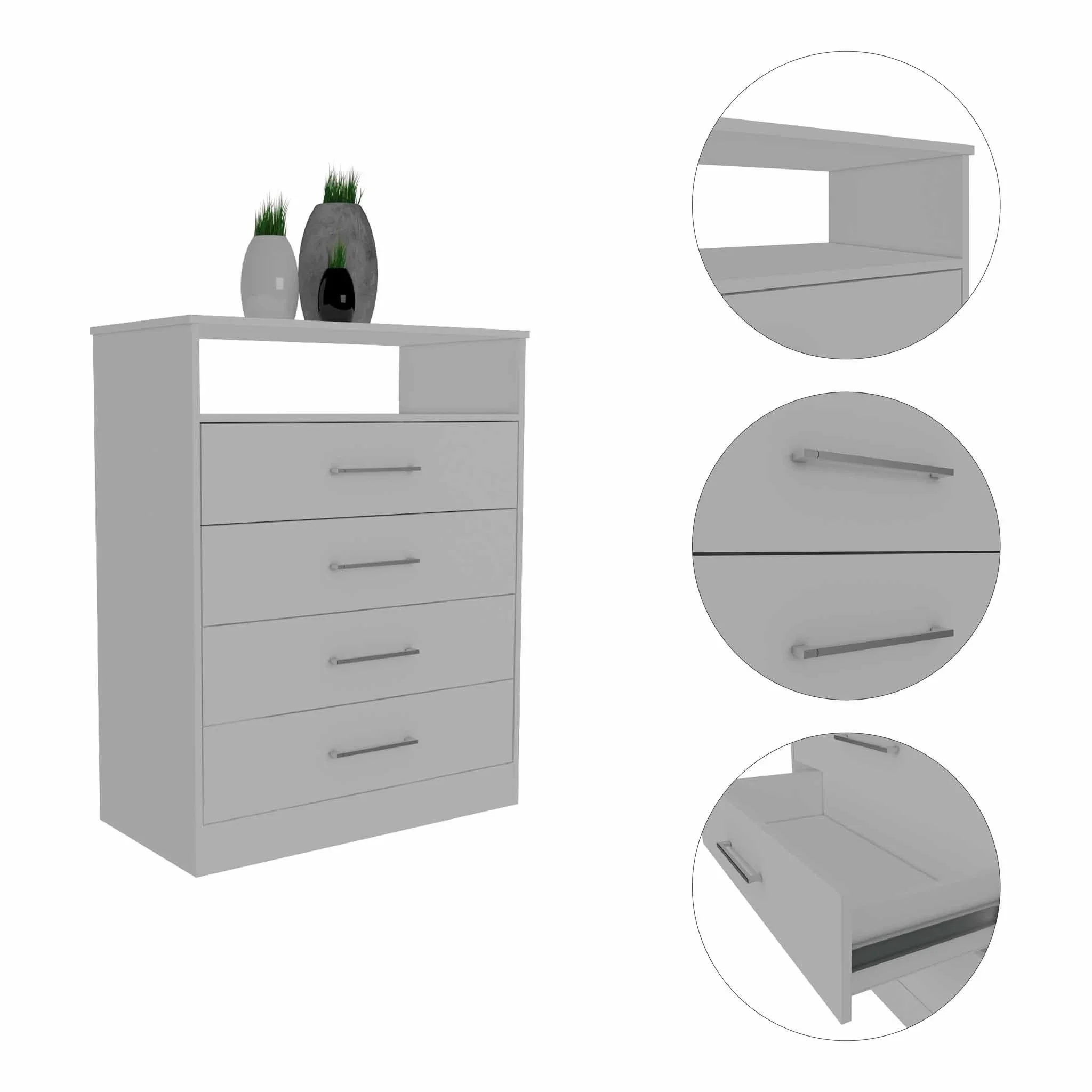 HomeRoots 403742 Modern White Four Drawer Dresser with Hutch