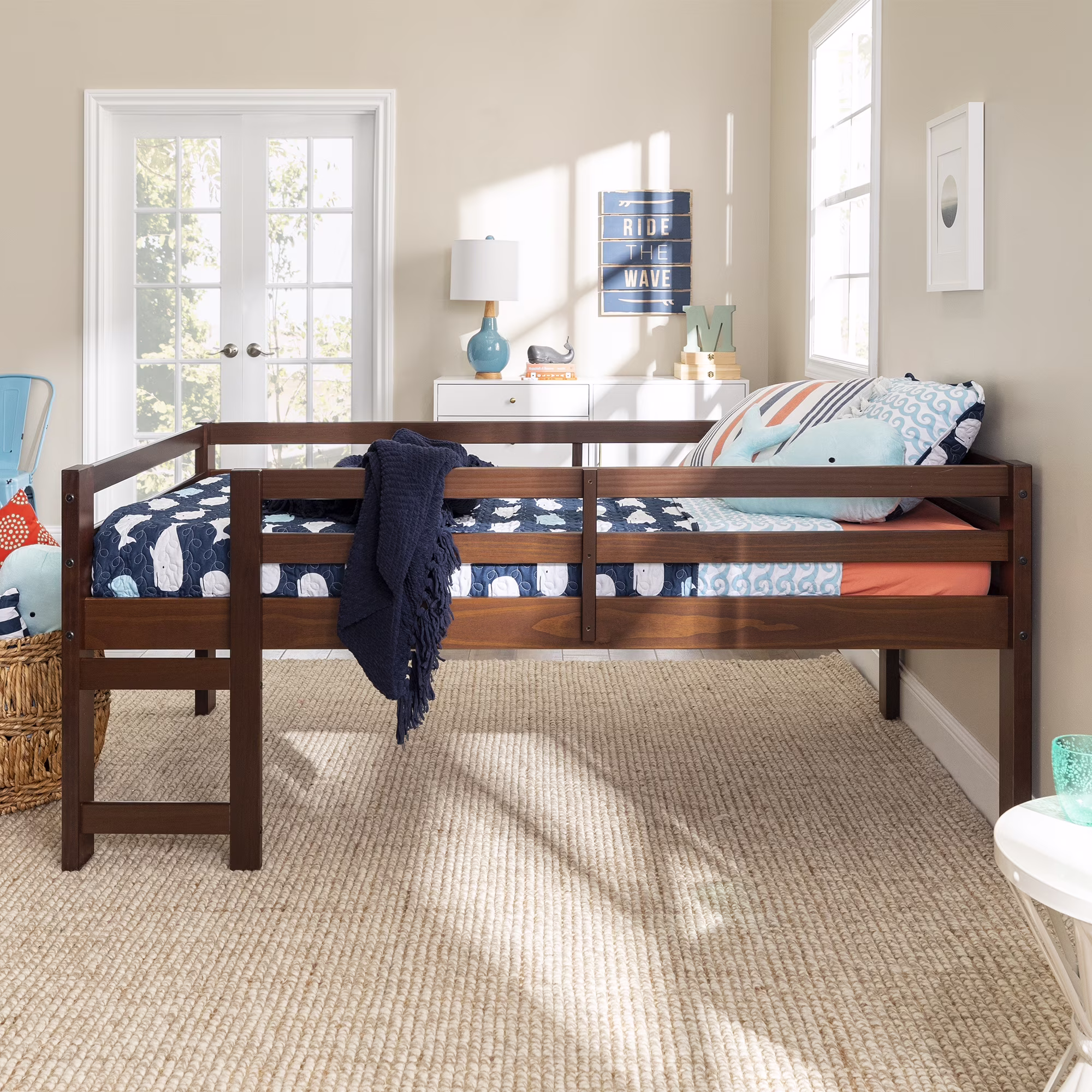 Walker Edison Traditional Solid Wood Twin Low Loft Bed, Walnut