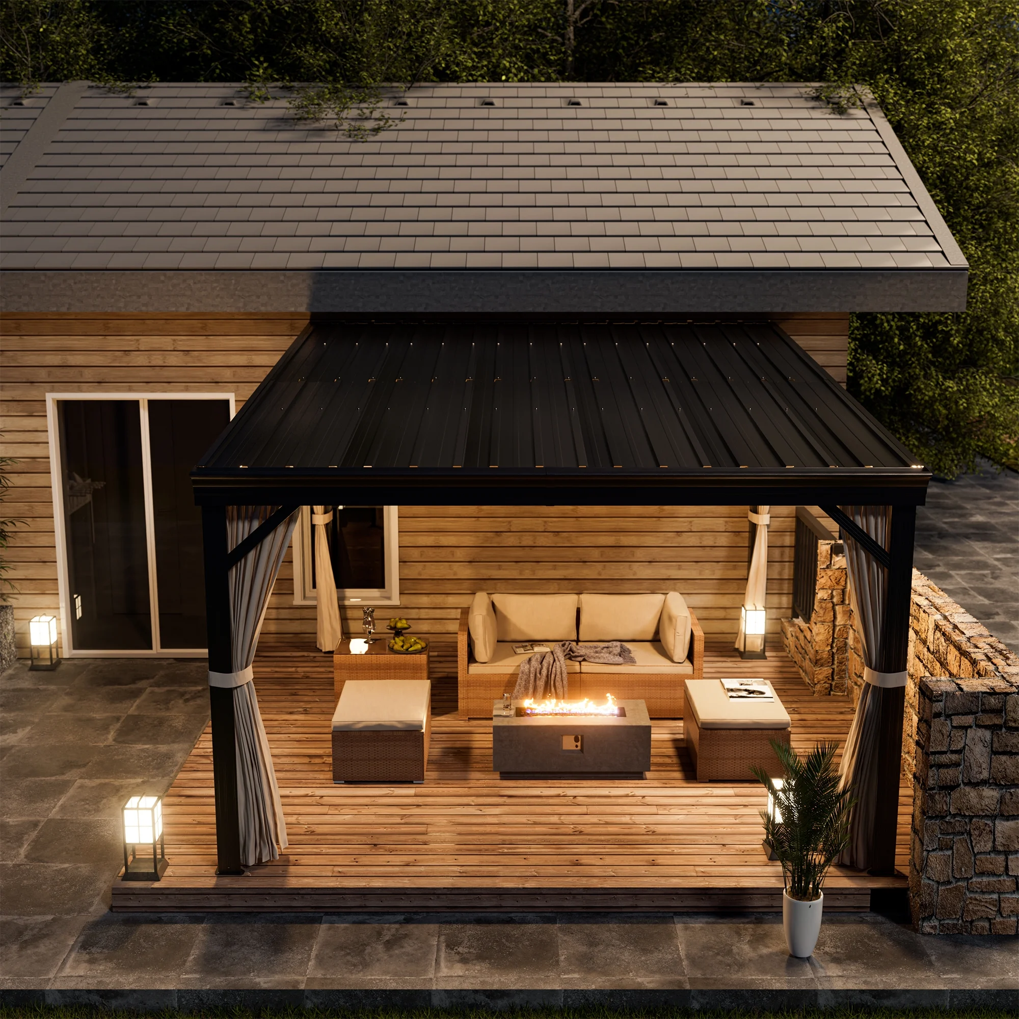 Mondawe 10x12 ft Wall-Mounted Hardtop Gazebo with Aluminum Frame, Galvanized Steel Roof, Sunroom, Curtains, and Netting