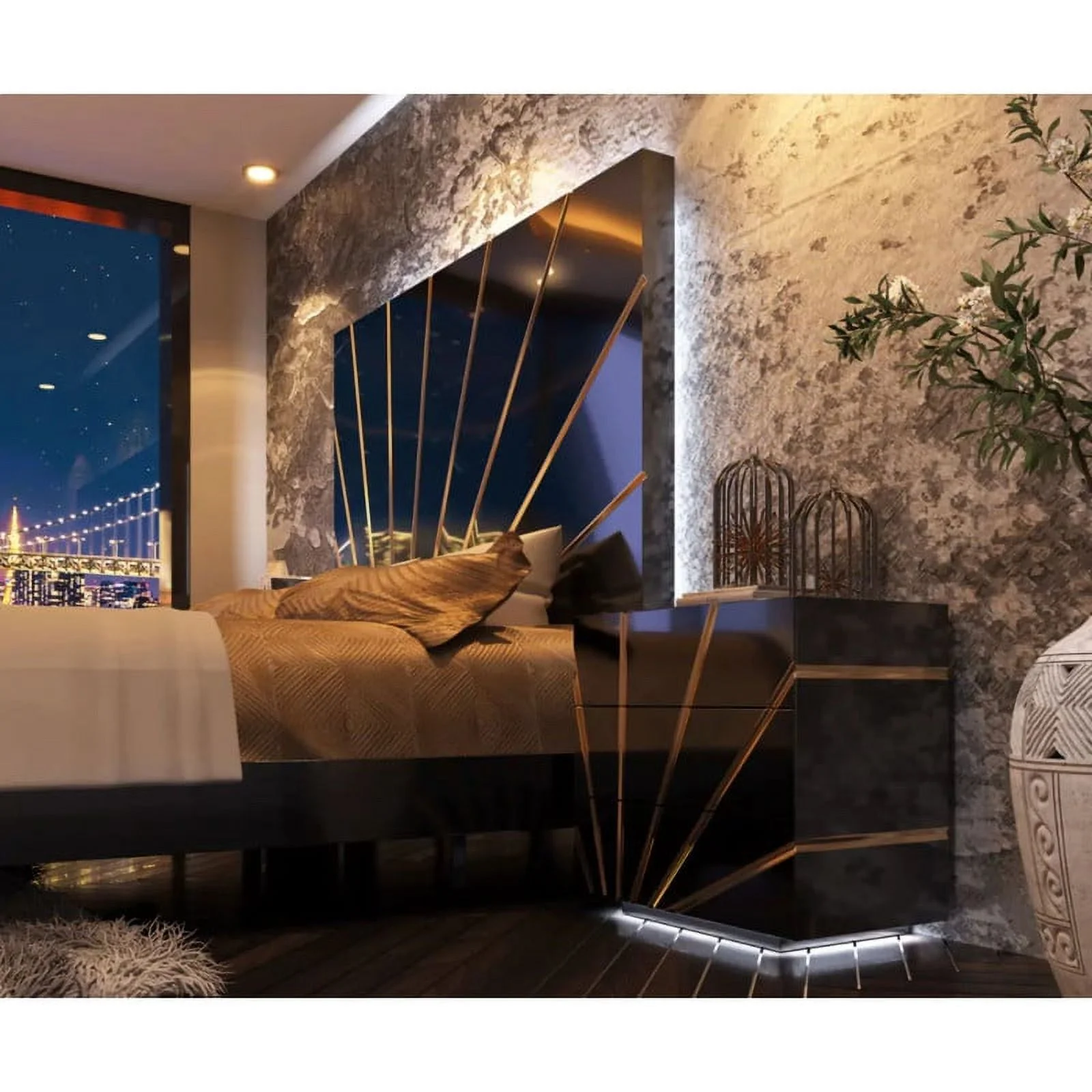 Oro 5-Piece Bedroom Set in Black High Gloss, Queen Size