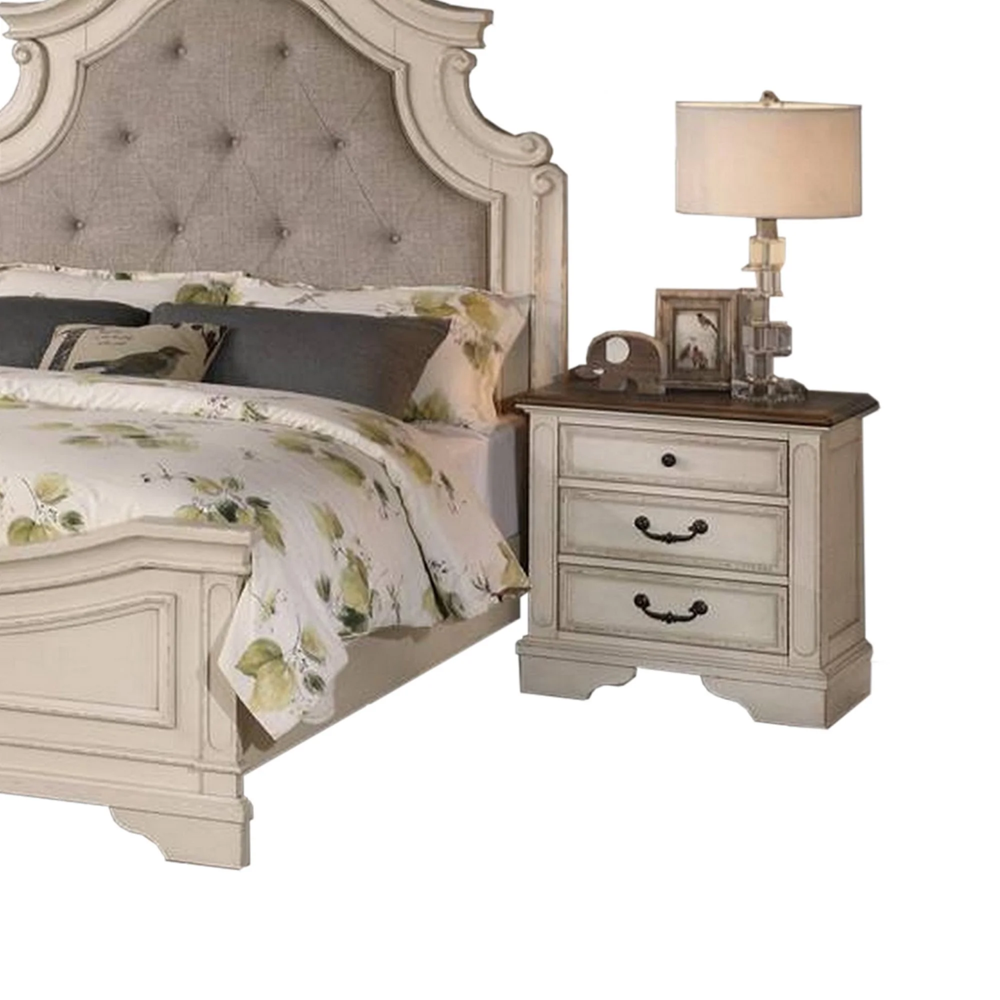 Benjara BM300172 Upholstered Scalloped Frame Lupe Bed, Antique White & Gray - Queen Size