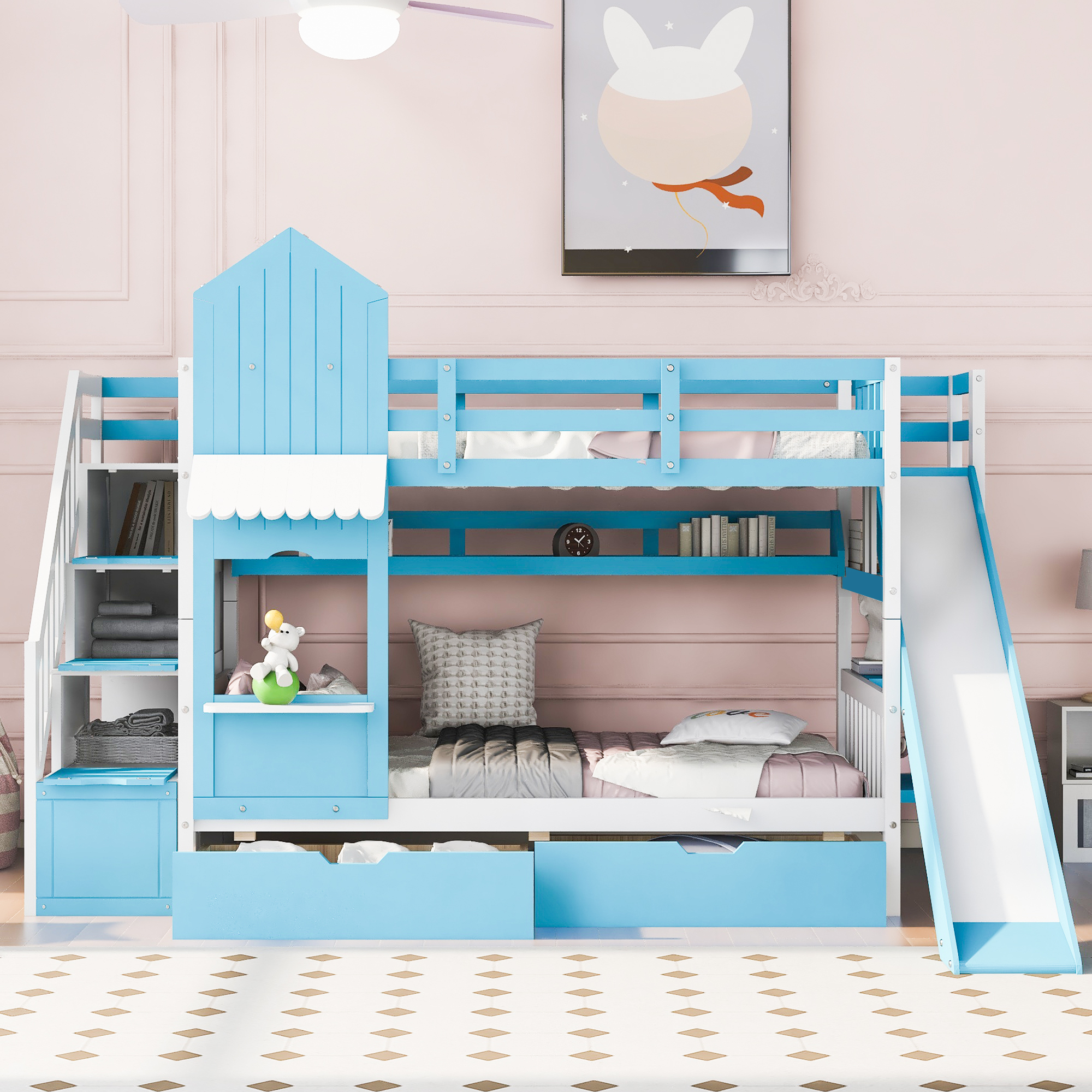 Blue Castle-Themed Twin Bunk Bed with Slide, 2 Drawers & 3 Shelves for Kids' Room