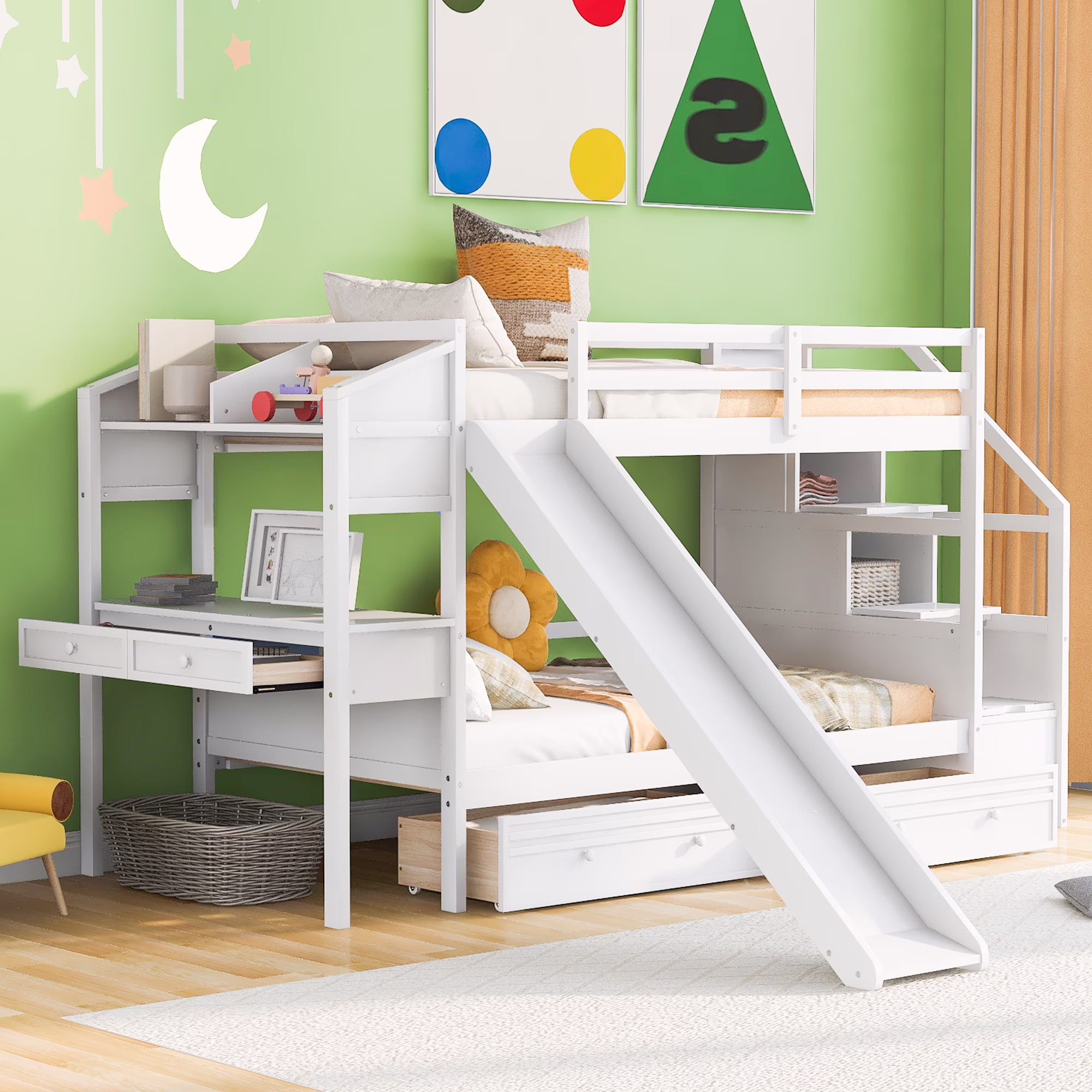Euroco Wood Twin over Twin Bunk Bed with Desk and Slide, 4 Drawers and Shelf, Bookcase and Storage Staircase for Kids, White