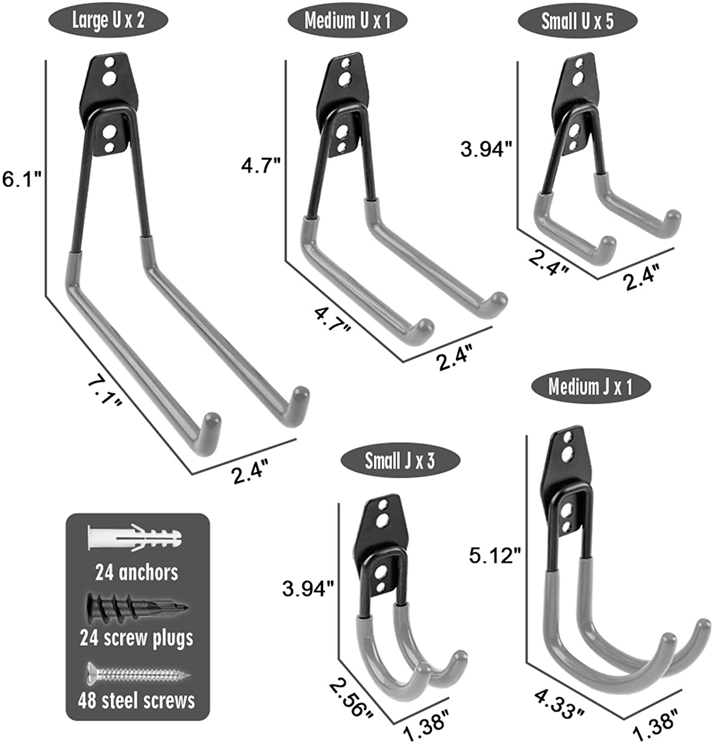 Garage Hooks Heavy Duty 12 Pack, Steel Garage Storage Hooks, Tool Hangers for Garage Wall Utility Wall Mount Garage Hooks and Hangers with Anti-slip Coating for Garden Tools, Ladders, Bulky Items Gray