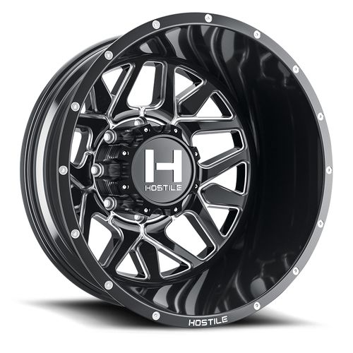 22x8.25 Hostile H402 Diablo Dually Rear Gloss Blk Milled Wheel 8x210 (-221mm)
