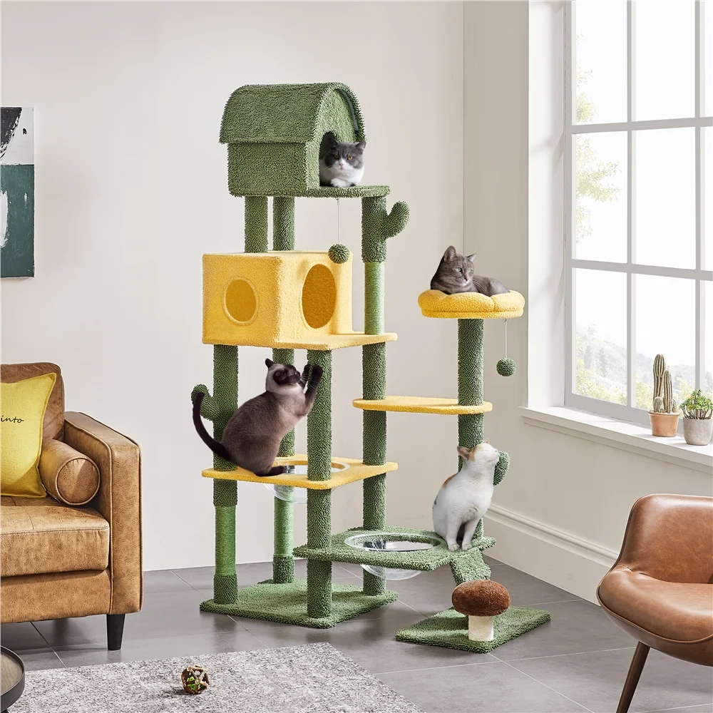 Smile Mart 68.5'' Oasis-themed Multilevel Cat Tree with 3 Perches, Green