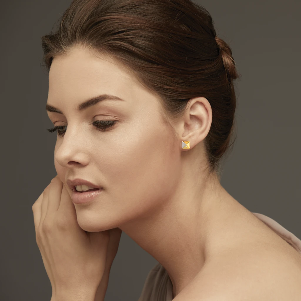 SILBERO INDIA The Pyramid Earrings: 18Kt Yellow Gold Geometry (2.368g) - 0.030 Ct Diamonds, Timeless Elegance with Pyramid Precision