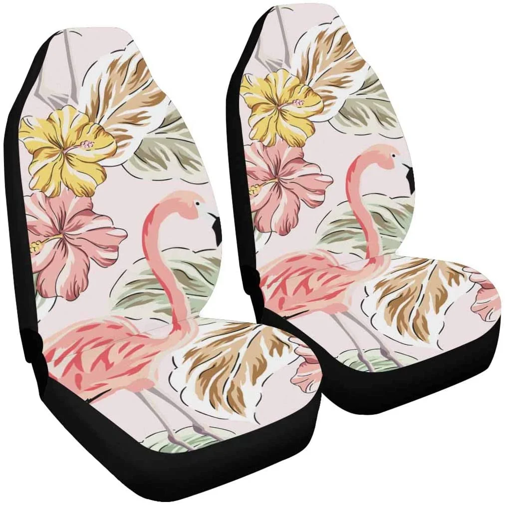 FMSHPON Set of 2 Car Seat Covers Tropical Pink Flamingo Birds Pineapples Hibiscus Flowers Bouquets Palm Leaves Universal Auto Front Seats Protector Fits for Car,SUV Sedan,Truck