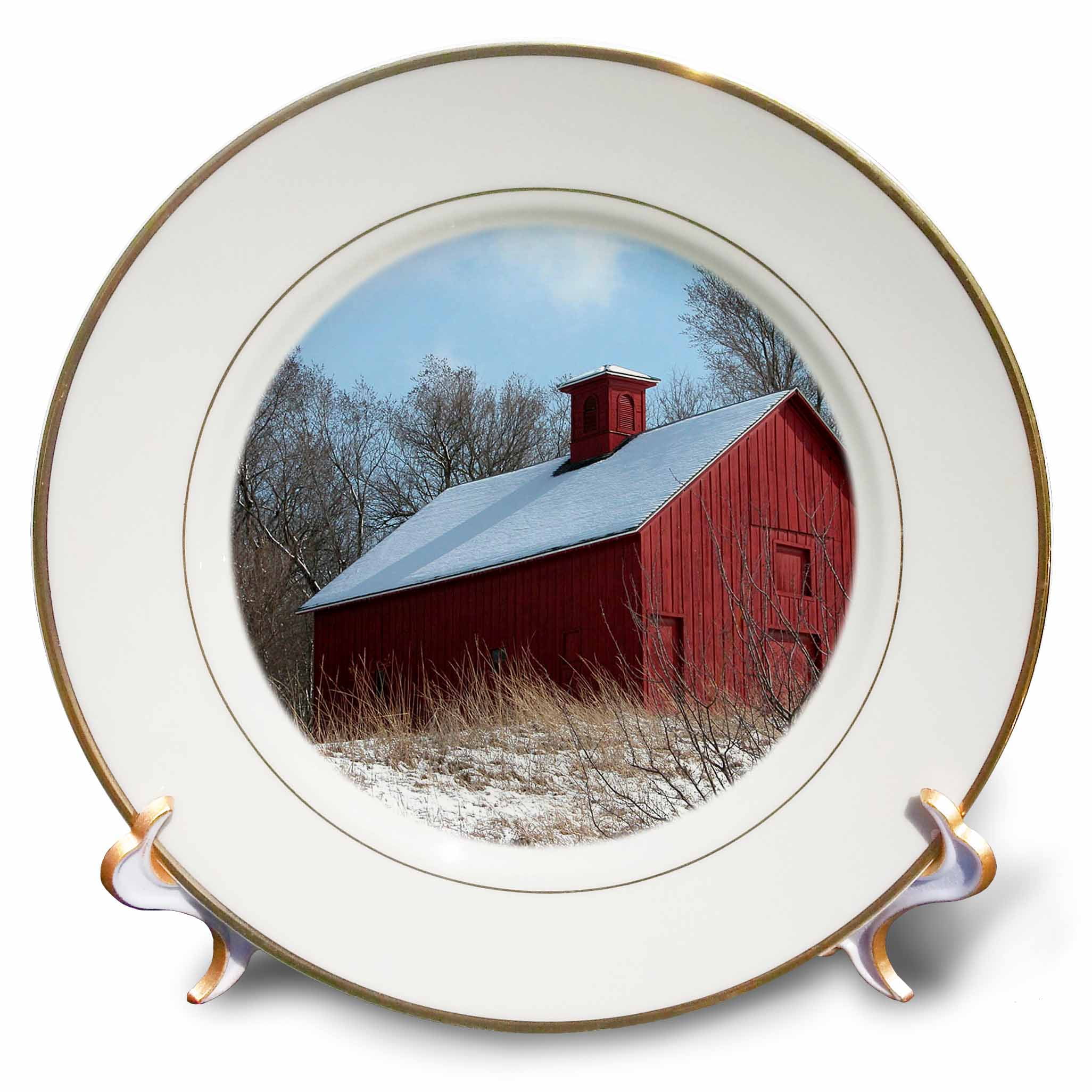 3dRose Red Barn in the Winter, Porcelain Plate, 8-inch