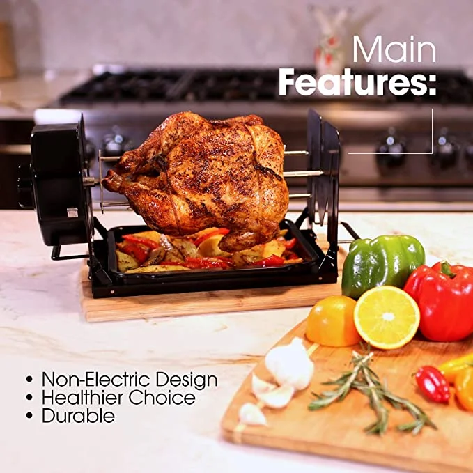 Roto Tisserie! Non Electric Rotisserie Machine. Portable for Convection Oven, Air Fryer Oven, BBQ Rotisserie, Fire Pit. Self Rotating Spit Roaster for Rotisserie Chicken, Shawarma, and 5lbs Foods