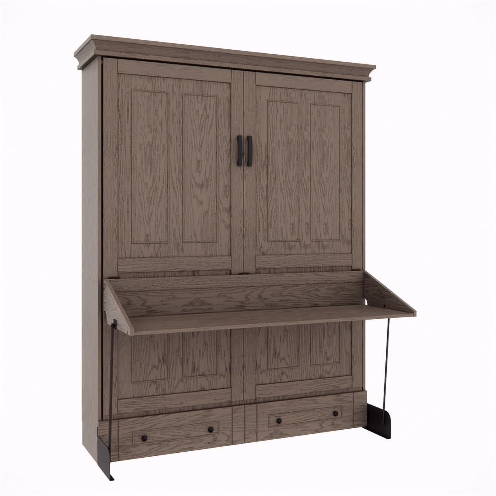 Pemberly Row Transitional Queen Solid Wood Murphy Wall Desk Bed in Gray