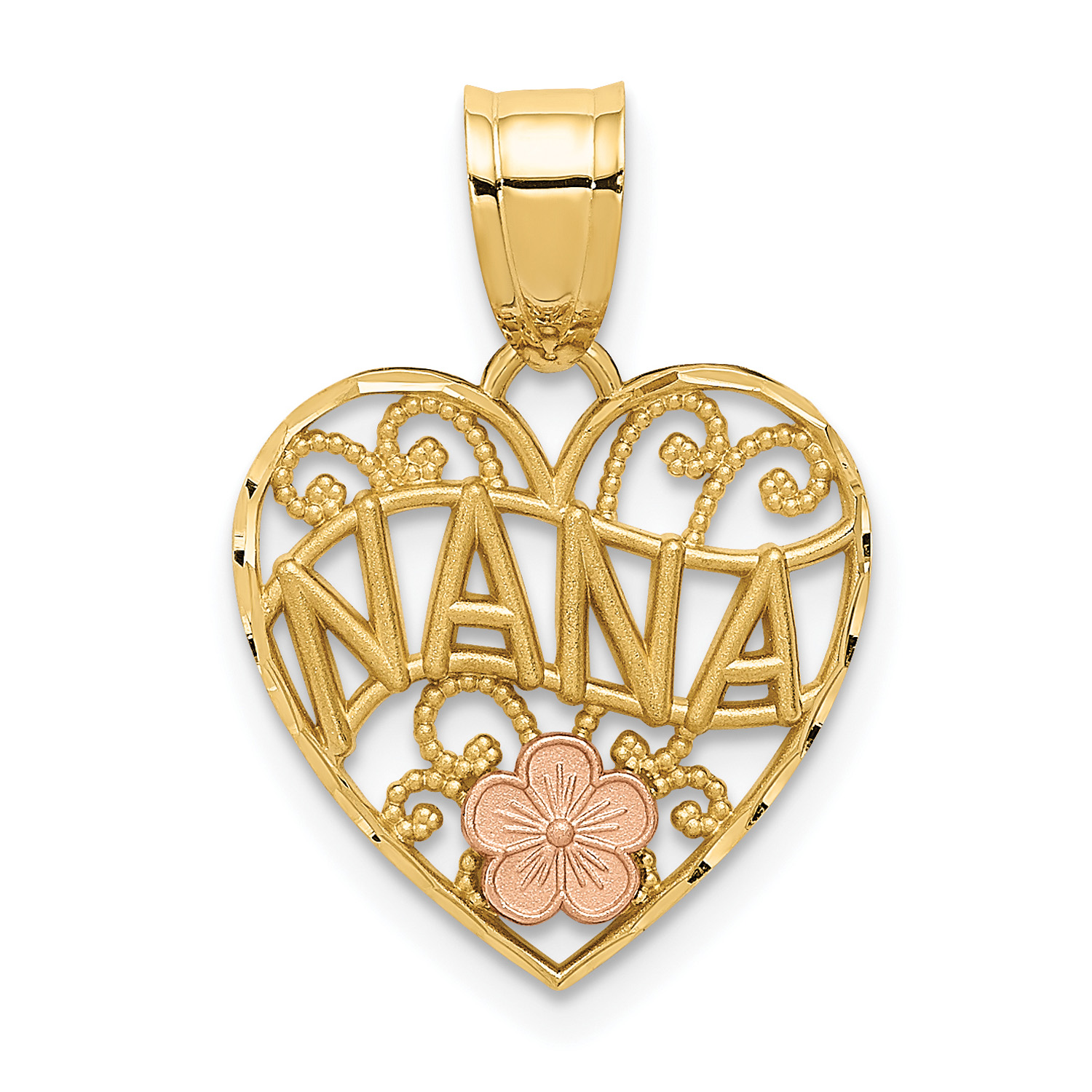 Carat in Karats 14K Two-Tone Gold Two-Tone Nana Heart Pendant (20mm X 15mm) With 14K Yellow Gold Light Weight Rope Chain 16
