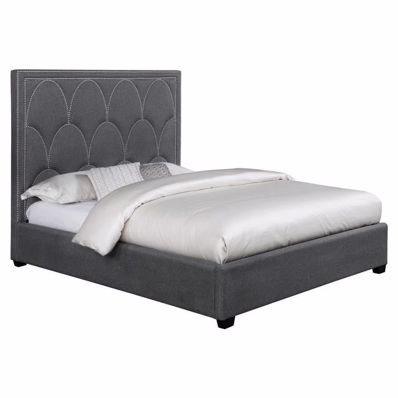 Black & Gray Upholstery Nailheads On Scallop Headboard Bima Foam Queen Size Panel Bed