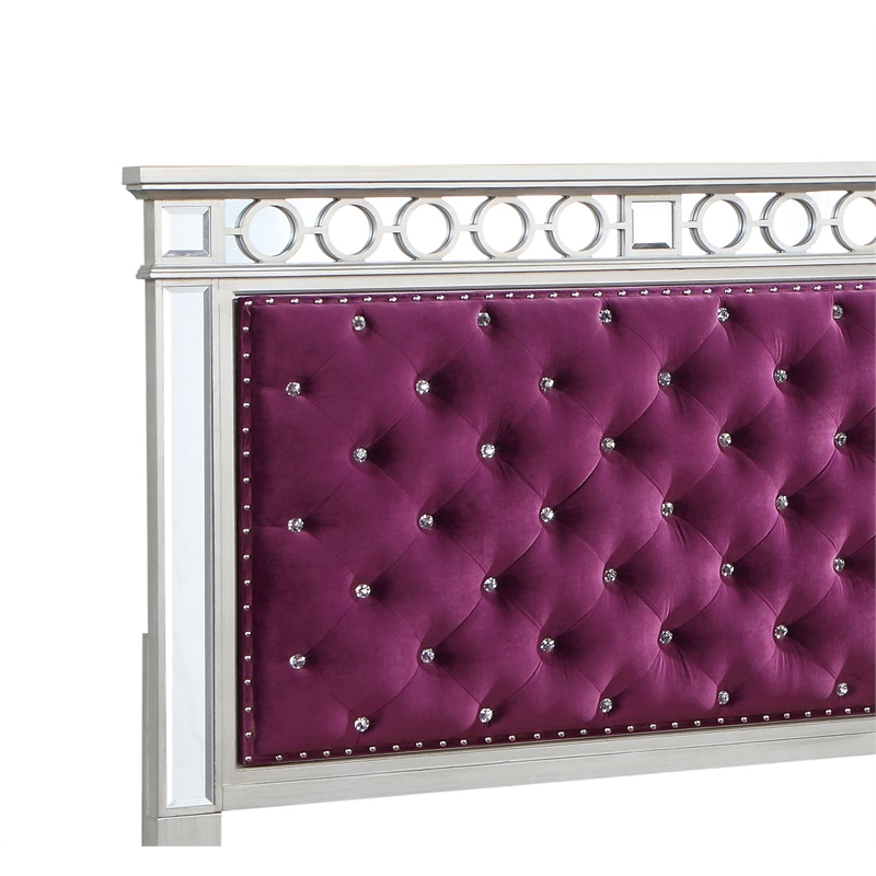 ACME Varian Tufted Velvet Upholstery Twin Bed in Burgundy and Silver