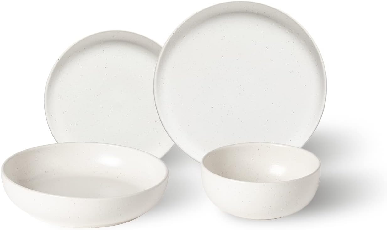Ceramic Stoneware 4-Piece Place Setting Service For 1, Pacifica Collection, Salt White | Microwave & Dishwasher Safe Dinnerware Set | Food Safe Glazing | Restaurant Quality Tableware