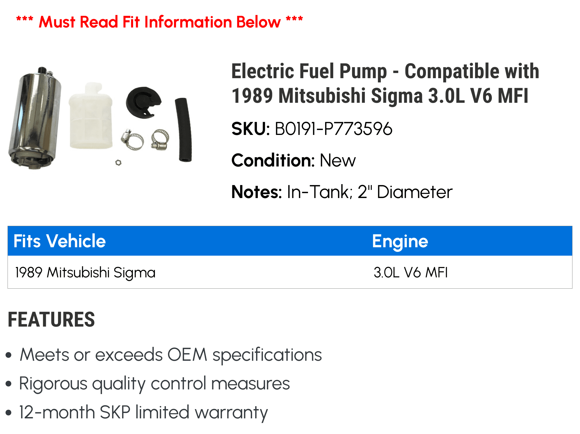 Electric Fuel Pump - Compatible with 1989 Mitsubishi Sigma 3.0L V6 MFI