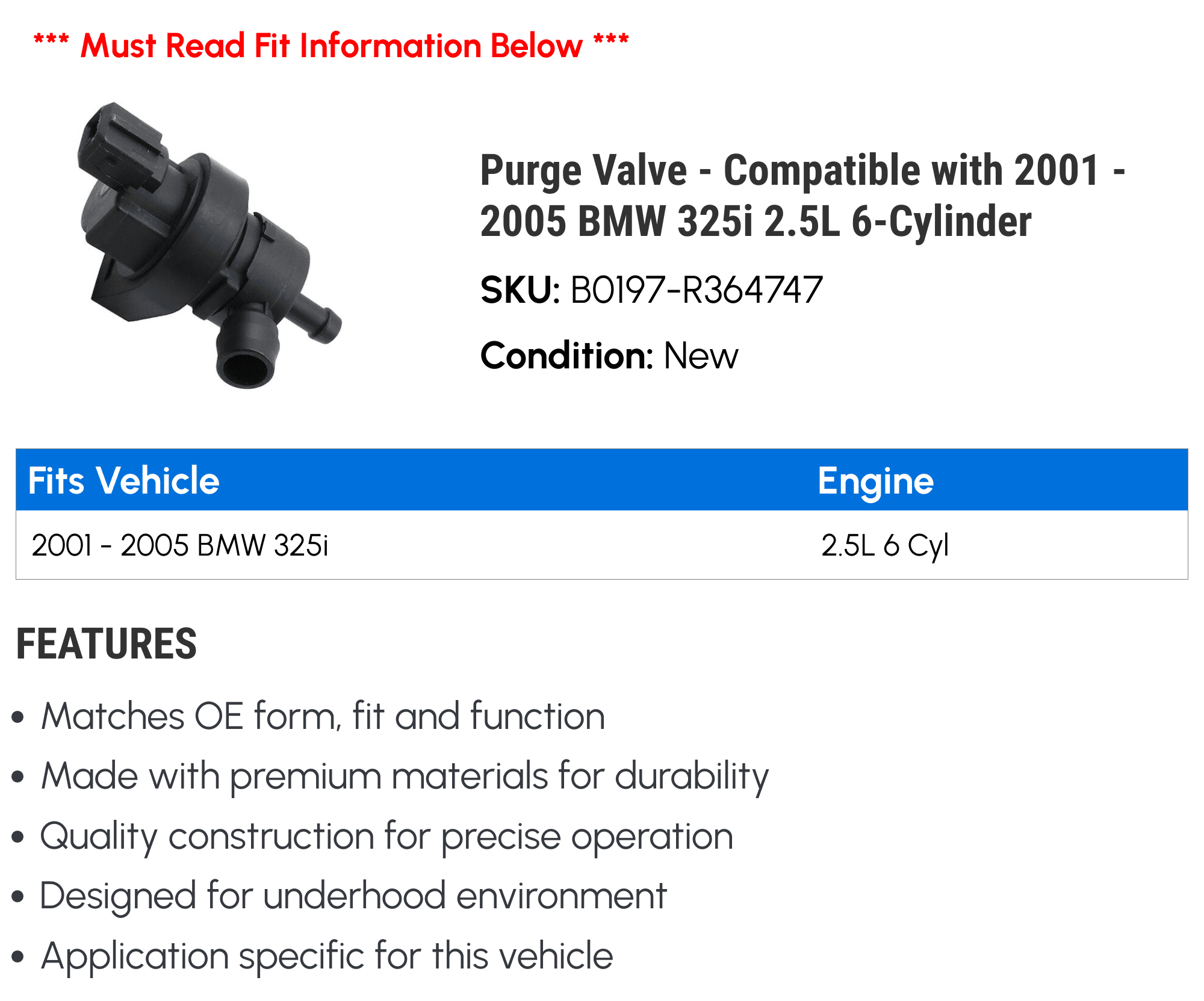 Purge Valve - Compatible with 2001 - 2005 BMW 325i 2.5L 6-Cylinder 2002 2003 2004