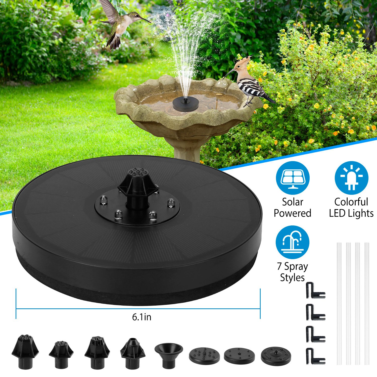 Solarek Solar Powered Fountain Pump Floating Bird Bath Pond Pump With LED Lights 7 Nozzles