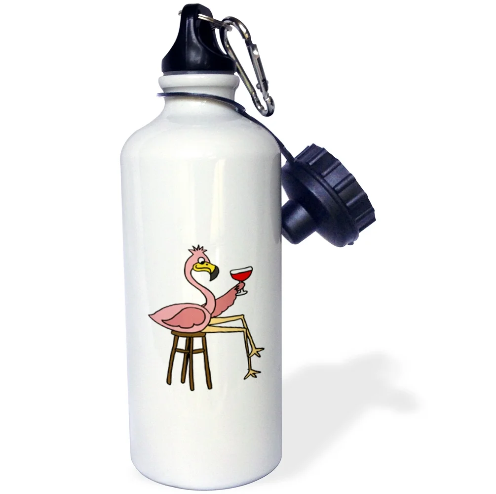 3dRose Funny Pink Flamingo on Bar Stool Drinking Red Wine - Water Bottle, 21-ounce