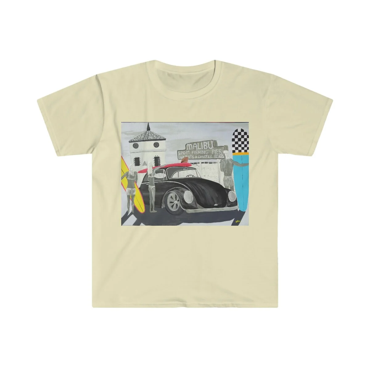 VW Bug at malibu pier Unisex Softstyle T-Shirt