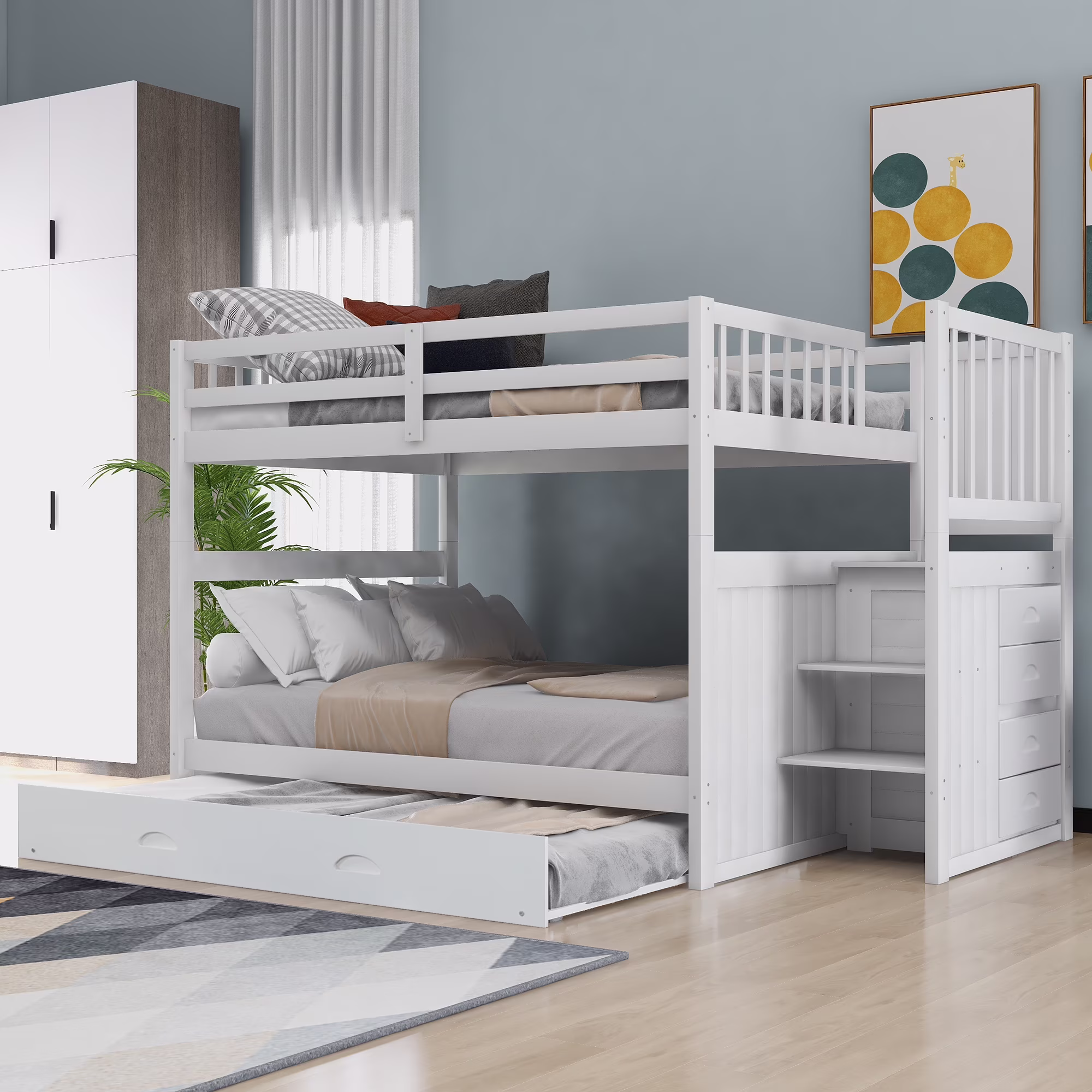 Churanty Full Over Full Bunk Bed with Twin Size Trundle for Bedroom ,White