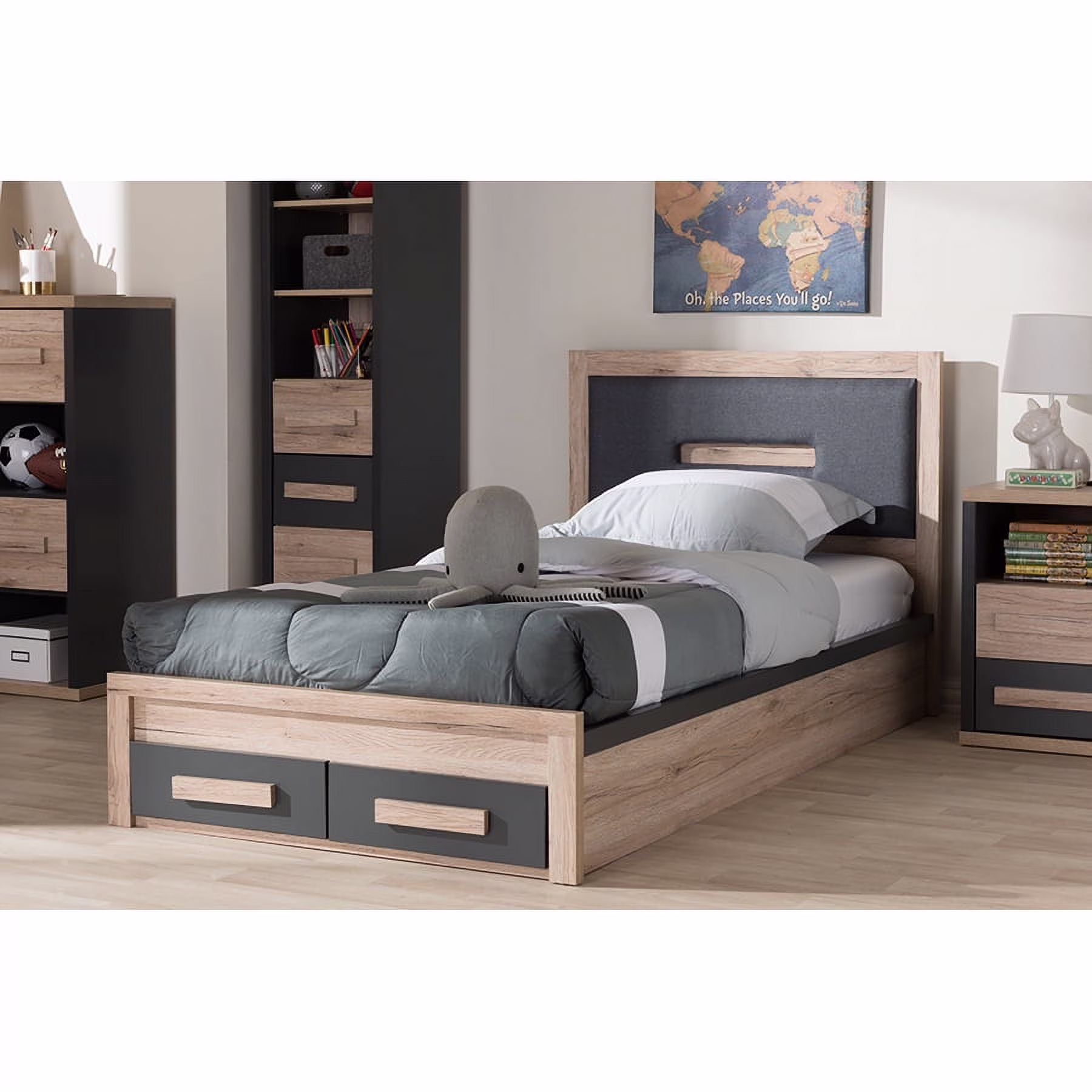 Baxton Studio Pandora Modern and Contemporary Dark Grey and Light Brown Two-Tone 2-Drawer Twin Size Storage Platform Bed